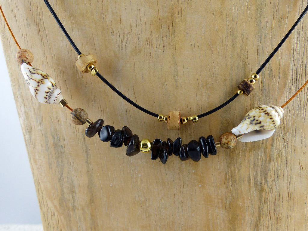 Unique leather shell jasper cork NECKLACE 'Norderoog', sustainable handmade jewelry