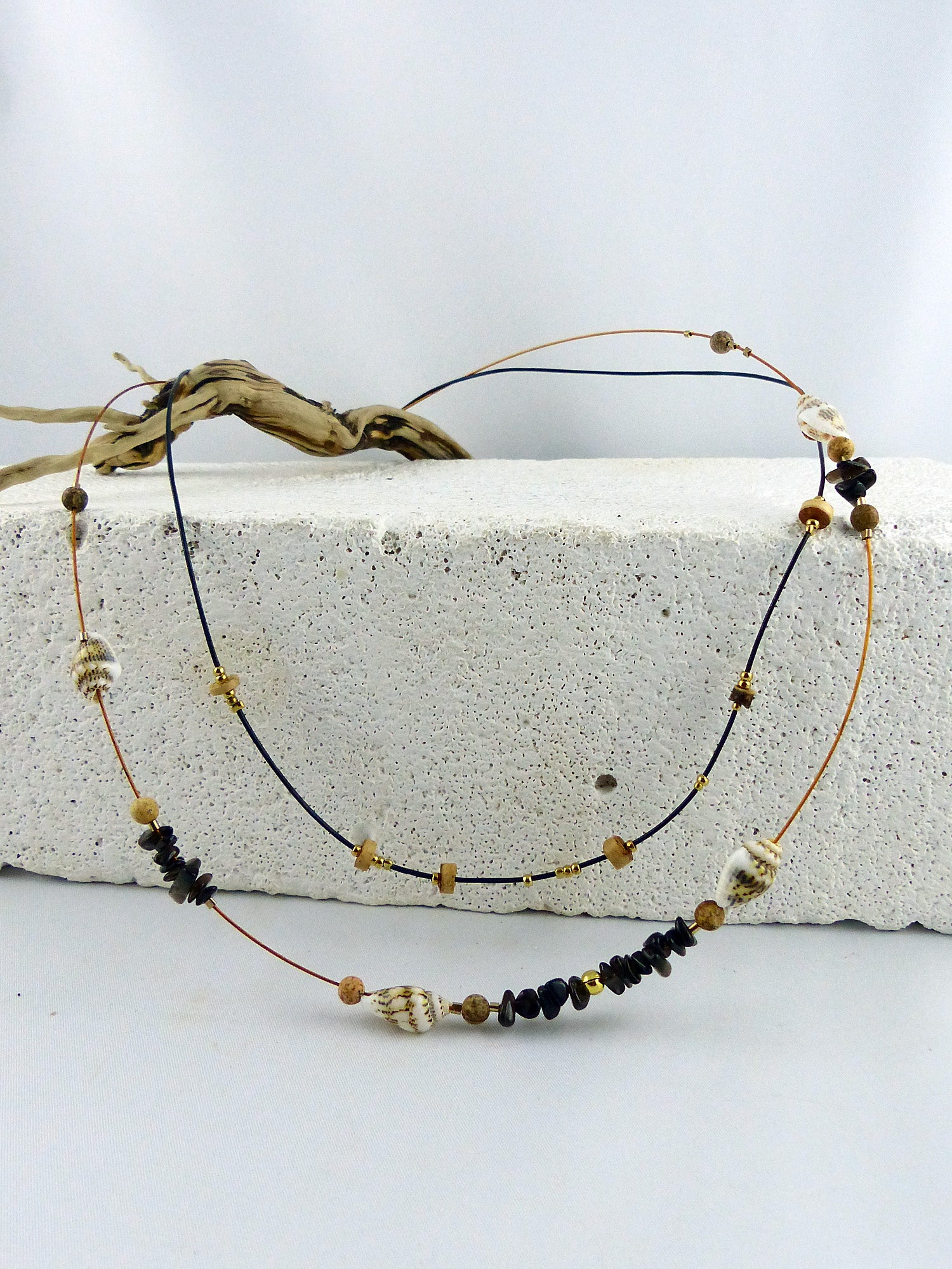 Unique leather shell jasper cork NECKLACE 'Norderoog', sustainable handmade jewelry