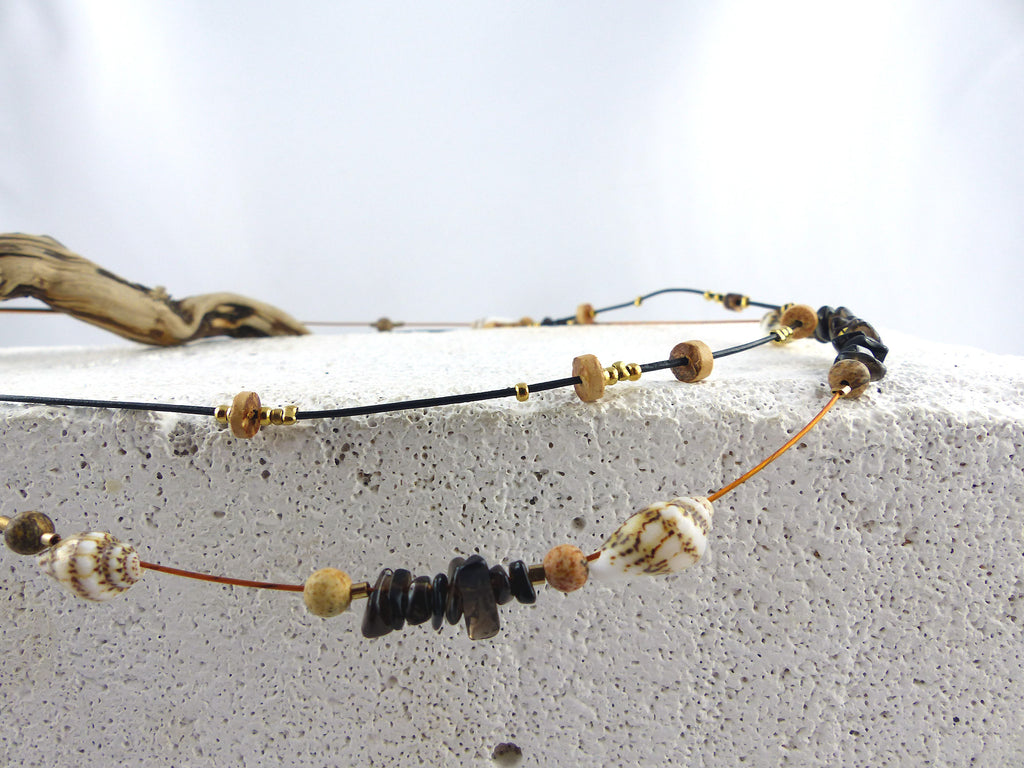 Unique leather shell jasper cork NECKLACE 'Norderoog', sustainable handmade jewelry