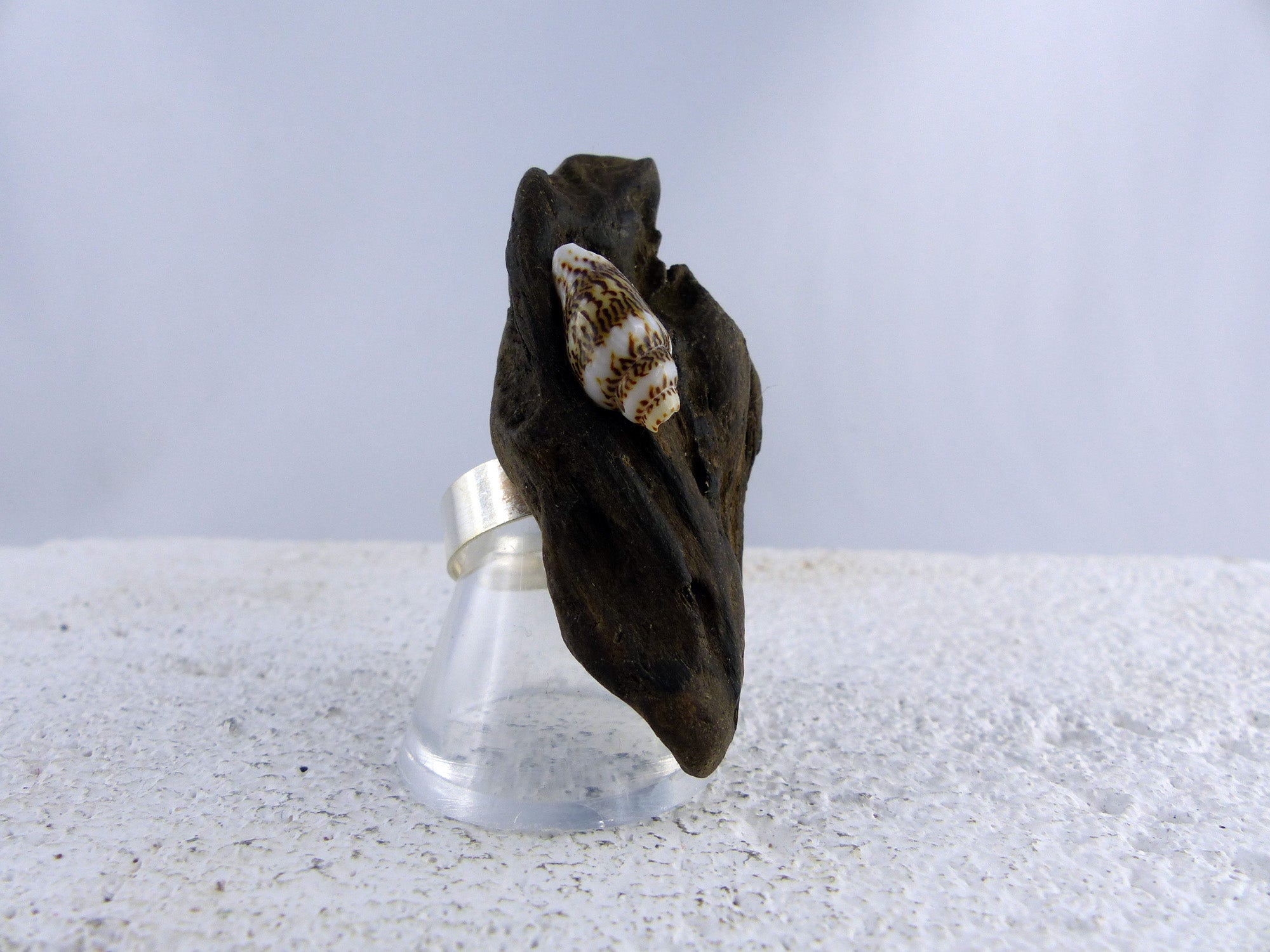 Adjustable Silver DRIFTWOOD RING THORKIL with seashell, handmade ecofriendly