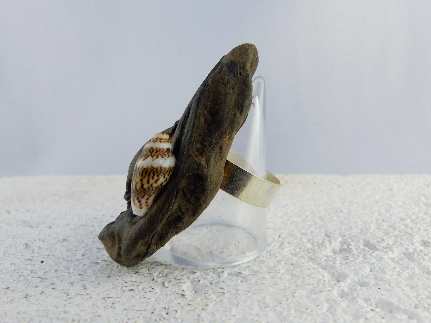 Adjustable Silver DRIFTWOOD RING THORKIL with seashell, handmade ecofriendly