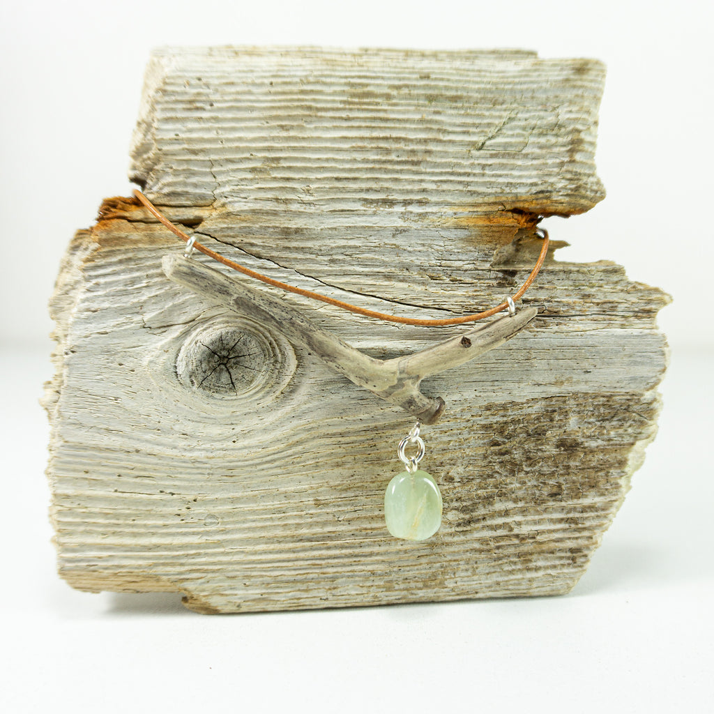 One-of-a-kind DRIFTWOOD LEATHER Necklace 'Sylt' with new jade gem, 925 silver