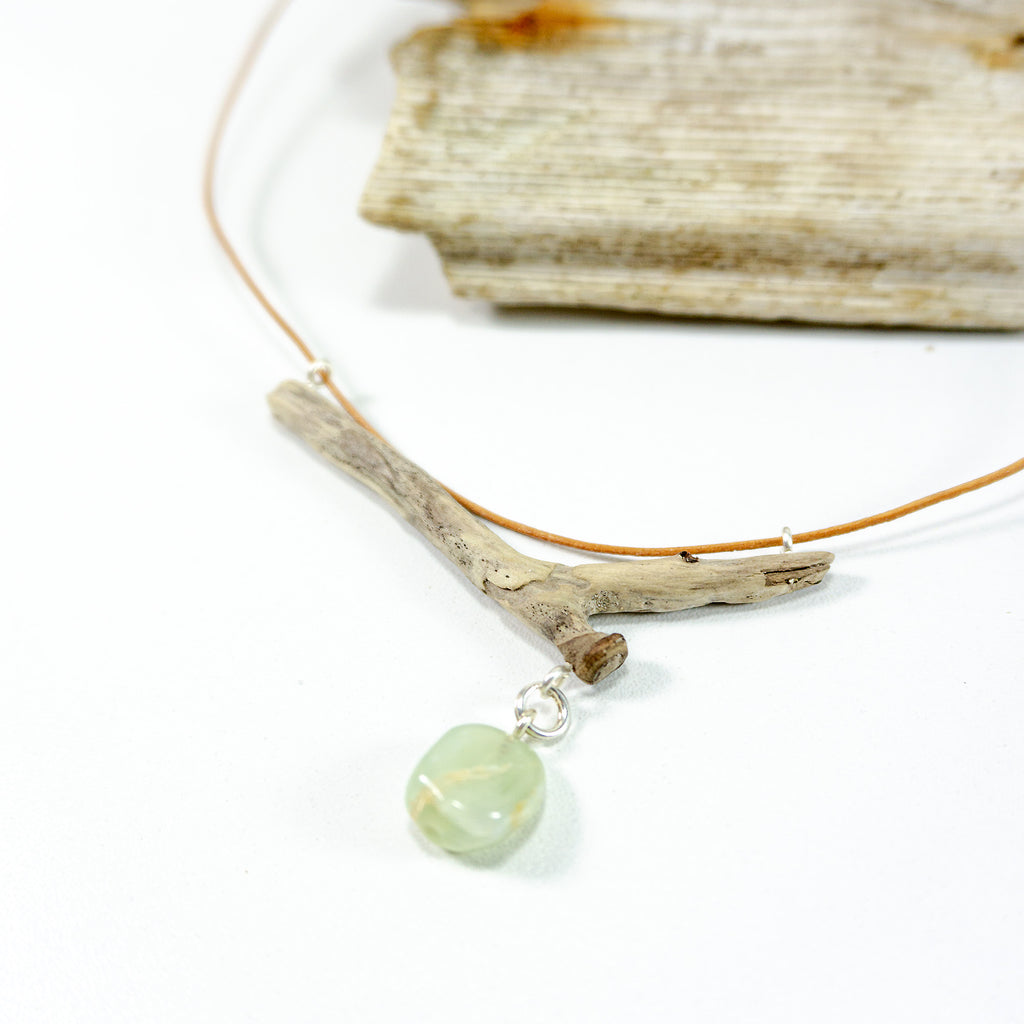 One-of-a-kind DRIFTWOOD LEATHER Necklace 'Sylt' with new jade gem, 925 silver