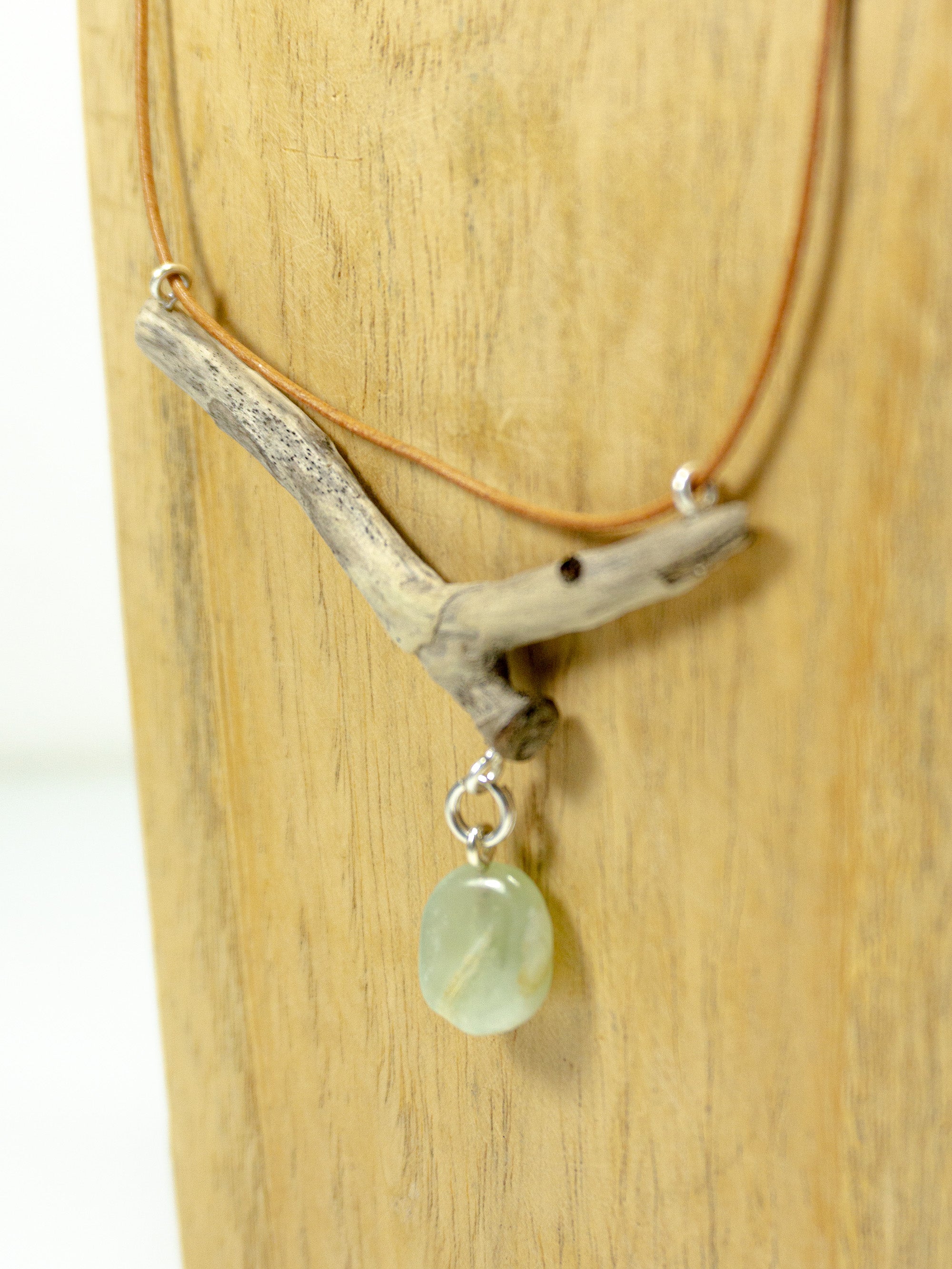 One-of-a-kind DRIFTWOOD LEATHER Necklace 'Sylt' with new jade gem, 925 silver