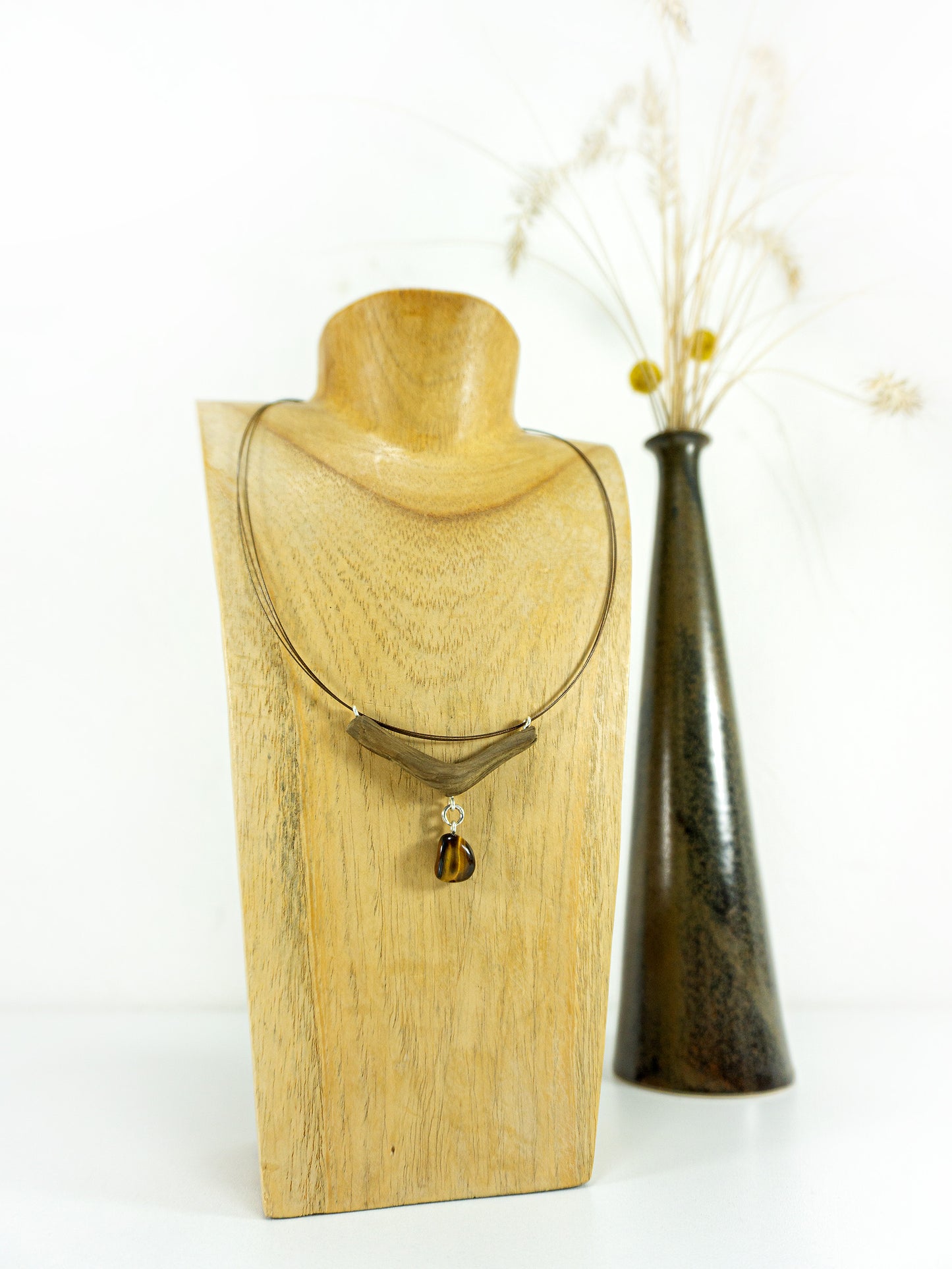 One-of-a-kind DRIFTWOOD NECKLACE 'Fünen' with tiger eye, 925 silver