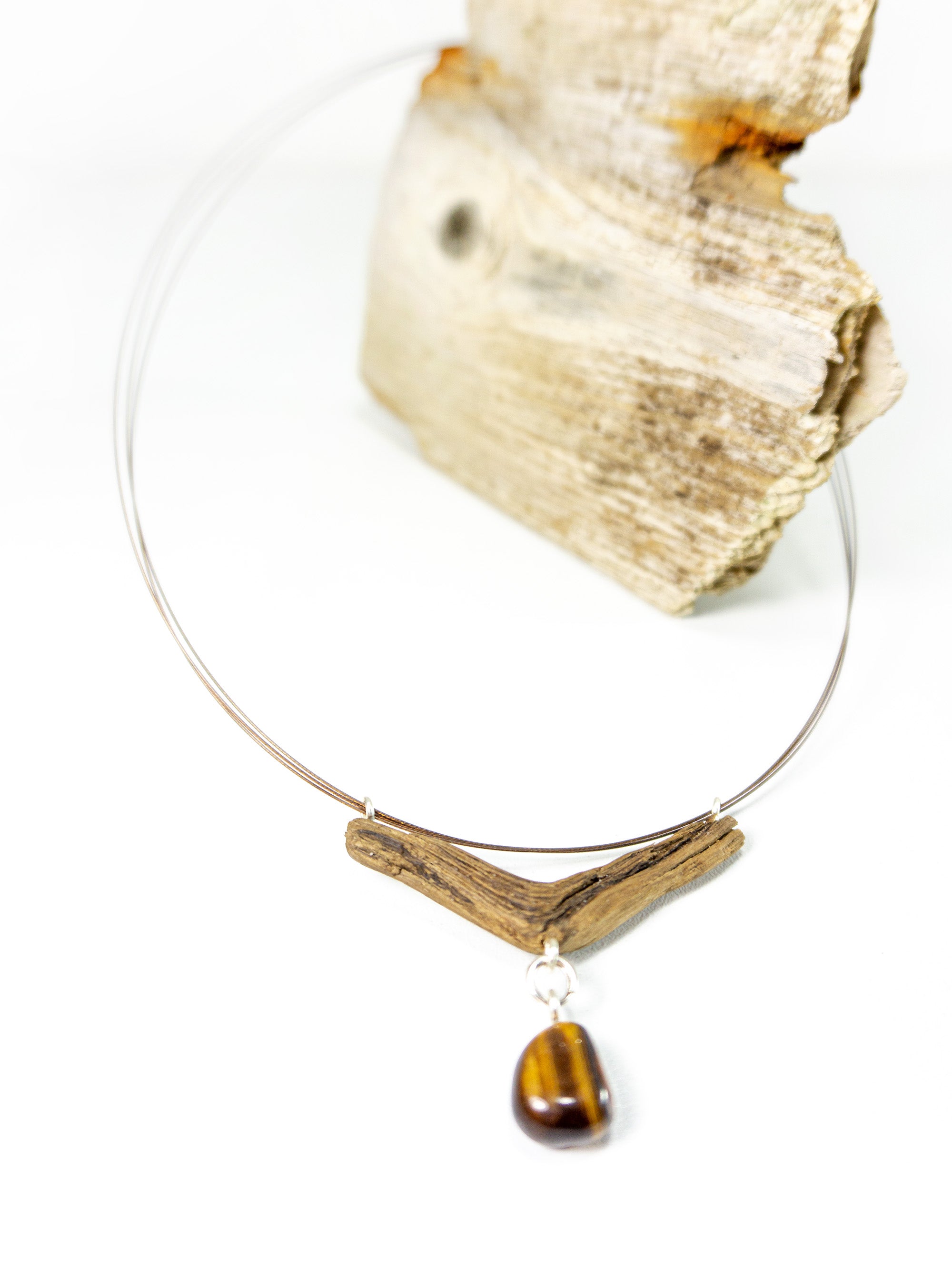 One-of-a-kind DRIFTWOOD NECKLACE 'Fünen' with tiger's eye, 925 silver