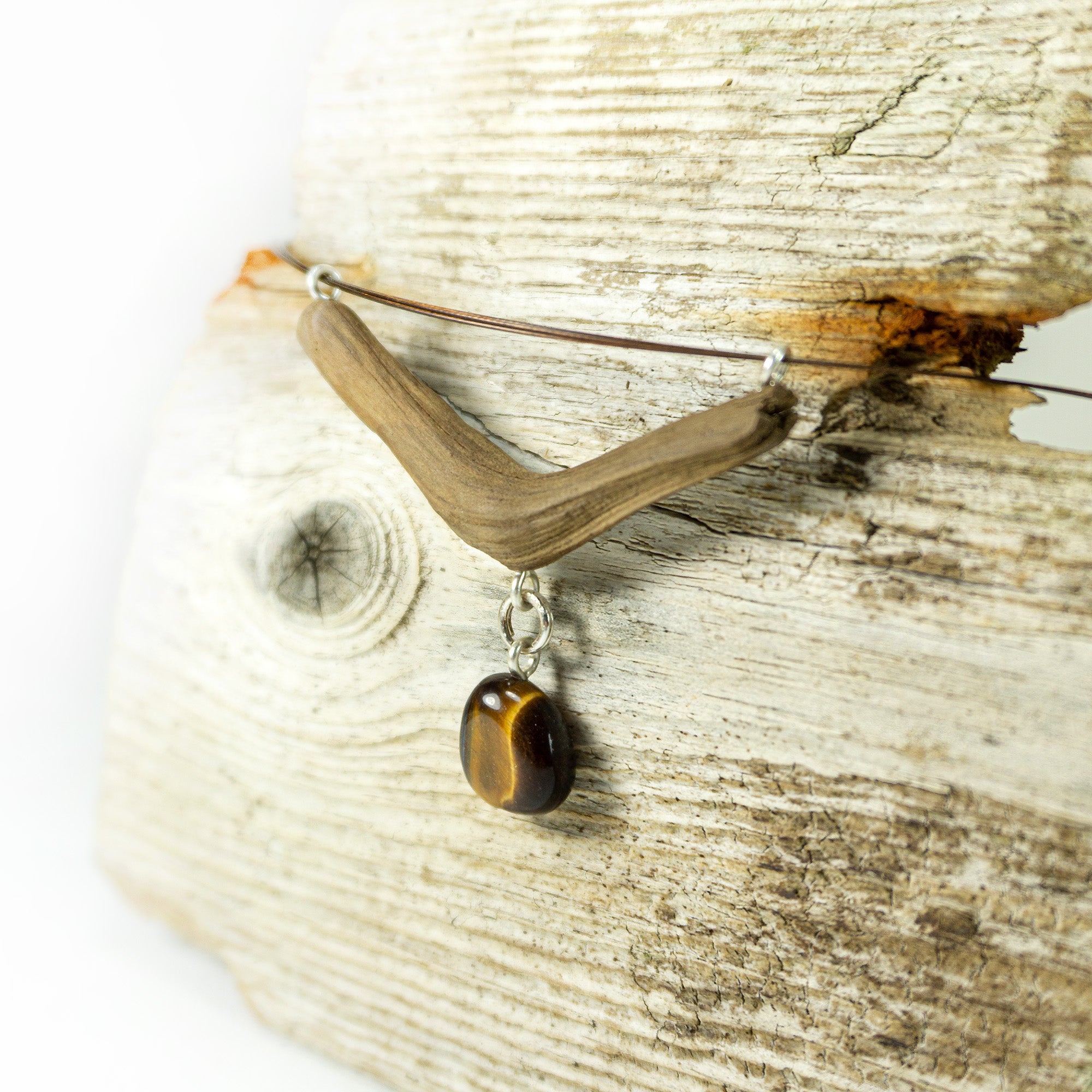 One-of-a-kind DRIFTWOOD NECKLACE 'Fünen' with tiger's eye, 925 silver