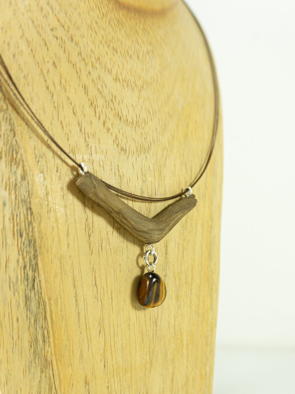 One-of-a-kind DRIFTWOOD NECKLACE 'Fünen' with tiger's eye, 925 silver