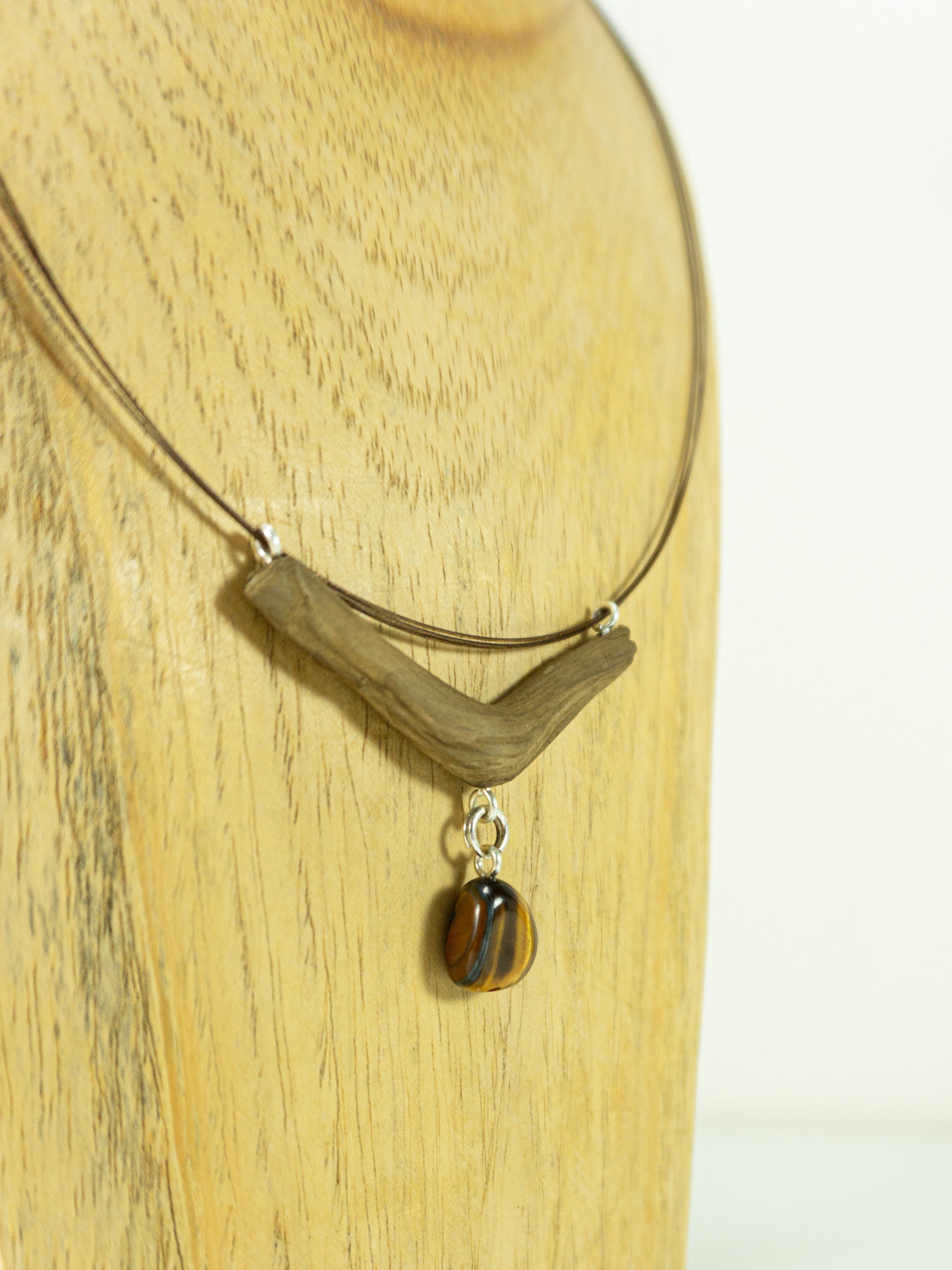 One-of-a-kind DRIFTWOOD NECKLACE 'Fünen' with tiger's eye, 925 silver