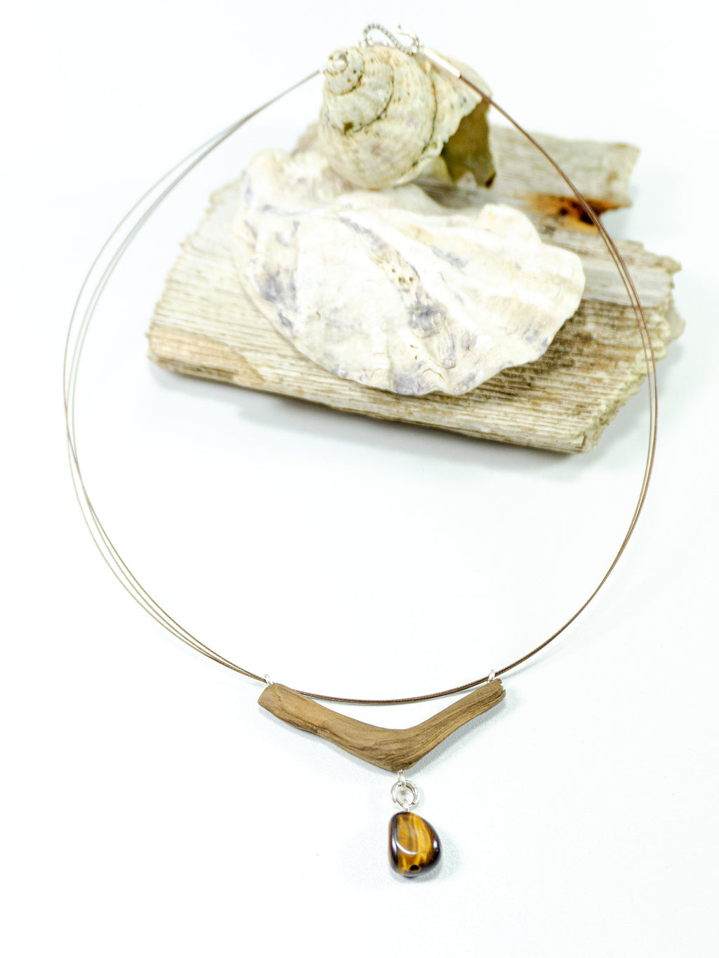 One-of-a-kind DRIFTWOOD NECKLACE 'Fünen' with tiger's eye, 925 silver