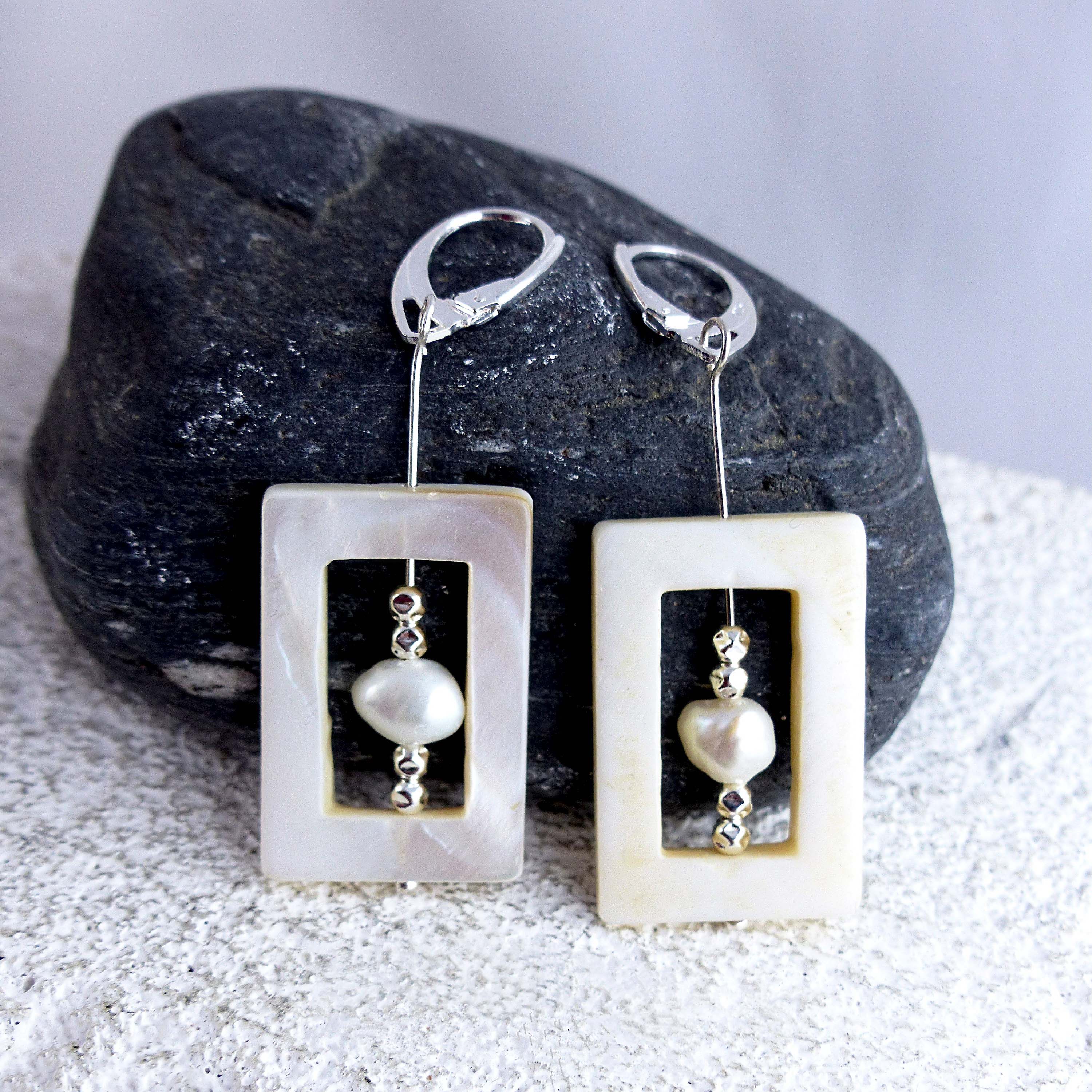 White nacre pendant earrings SALOME with sweetwater pearls, 925 silver