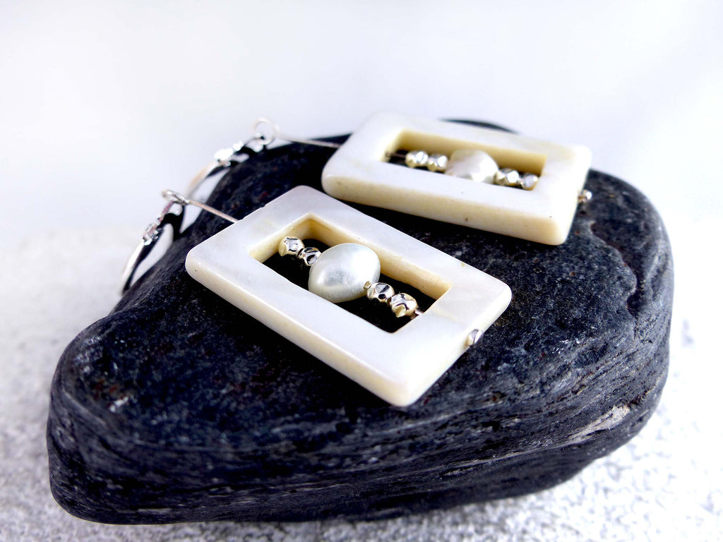 White nacre pendant earrings SALOME with sweetwater pearls, 925 silver