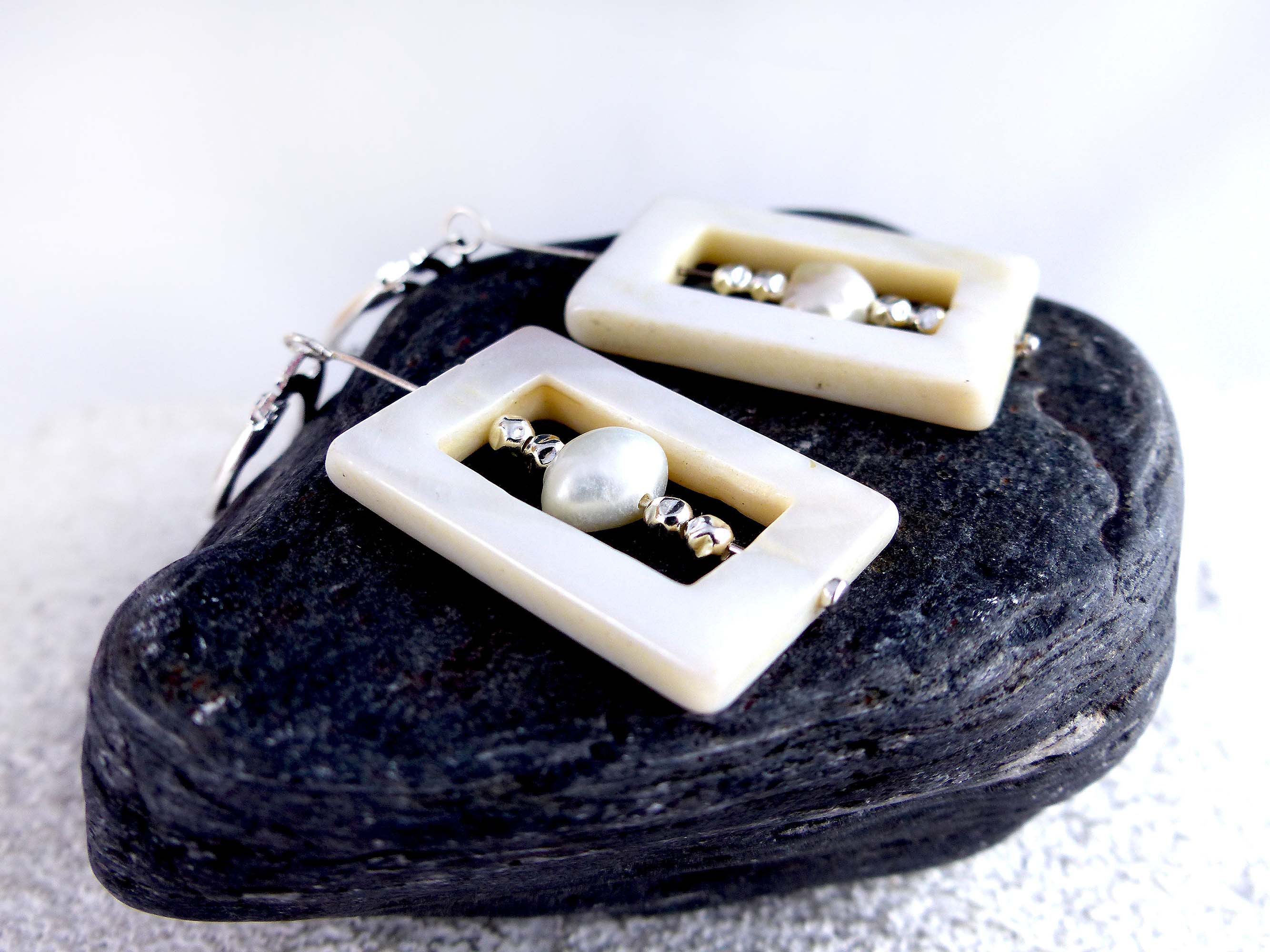 White nacre pendant earrings SALOME with sweetwater pearls, 925 silver