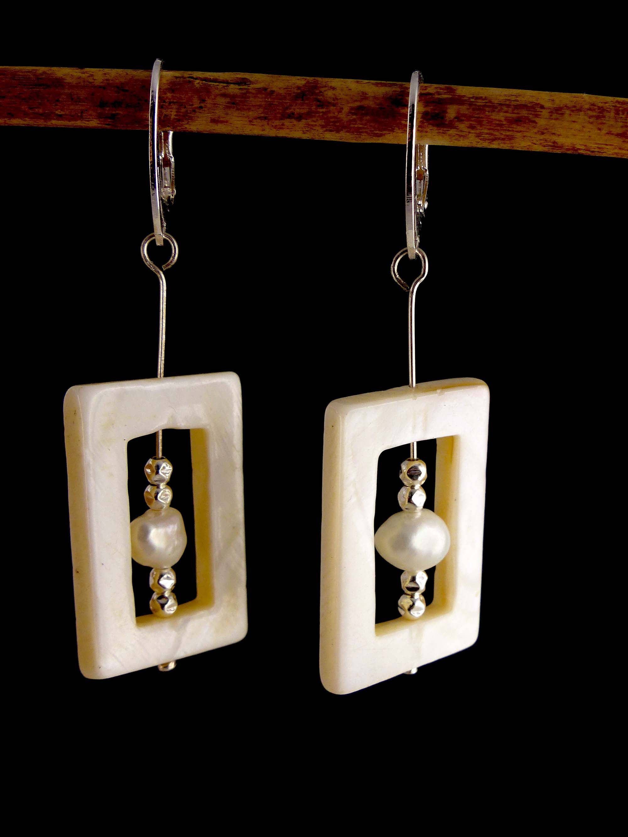 White nacre pendant earrings SALOME with sweetwater pearls, 925 silver