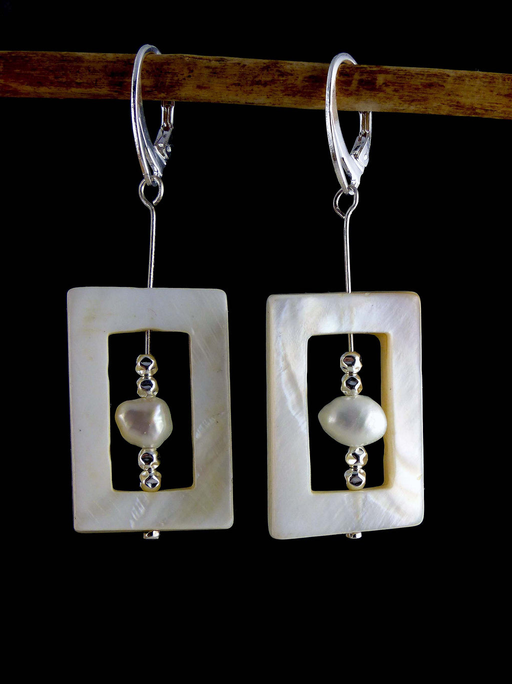 White nacre pendant earrings SALOME with sweetwater pearls, 925 silver