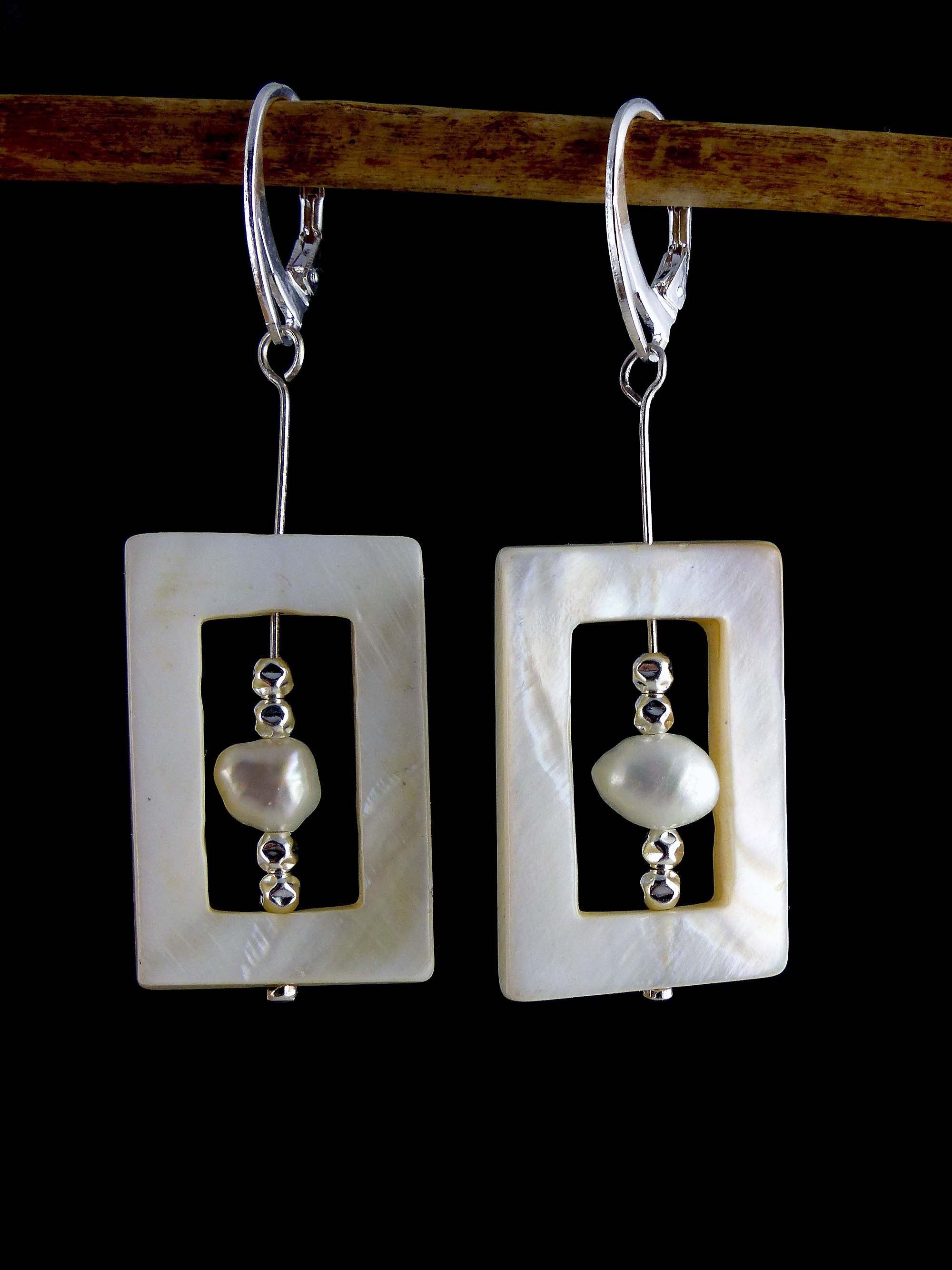 White nacre pendant earrings SALOME with sweetwater pearls, 925 silver