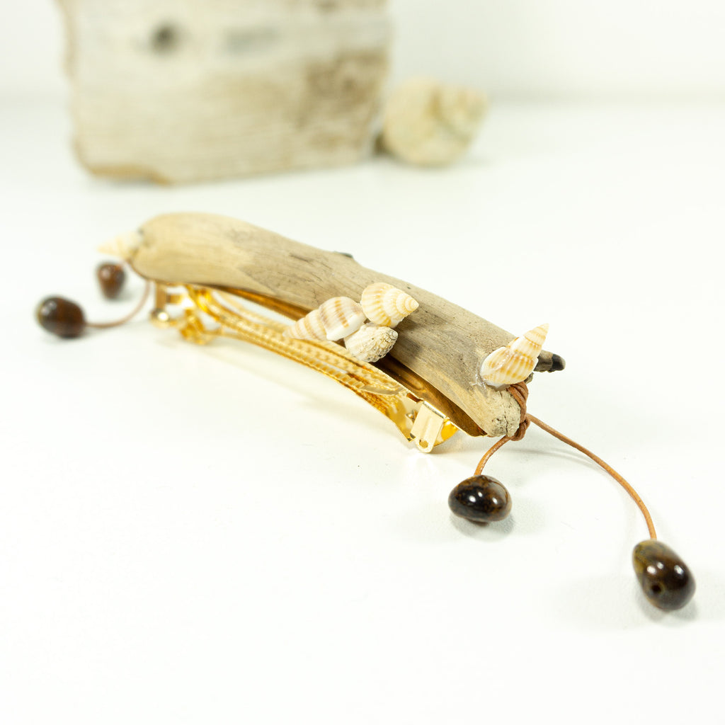 Unique handcrafted golden DRIFTWOOD HAIR BARRETTE 'Mia' seashells tigereye
