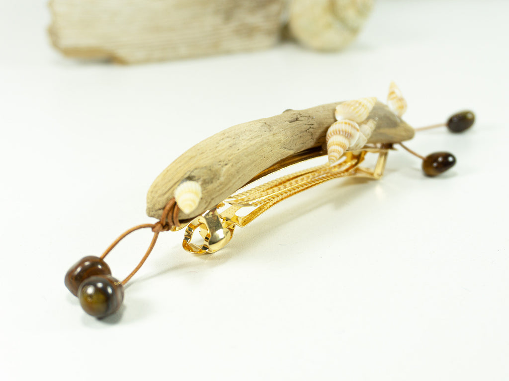 Unique handcrafted golden DRIFTWOOD HAIR BARRETTE 'Mia' seashells tigereye
