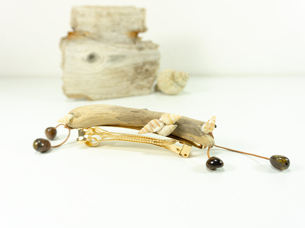 Unique handcrafted golden DRIFTWOOD HAIR BARRETTE 'Mia' seashells tigereye
