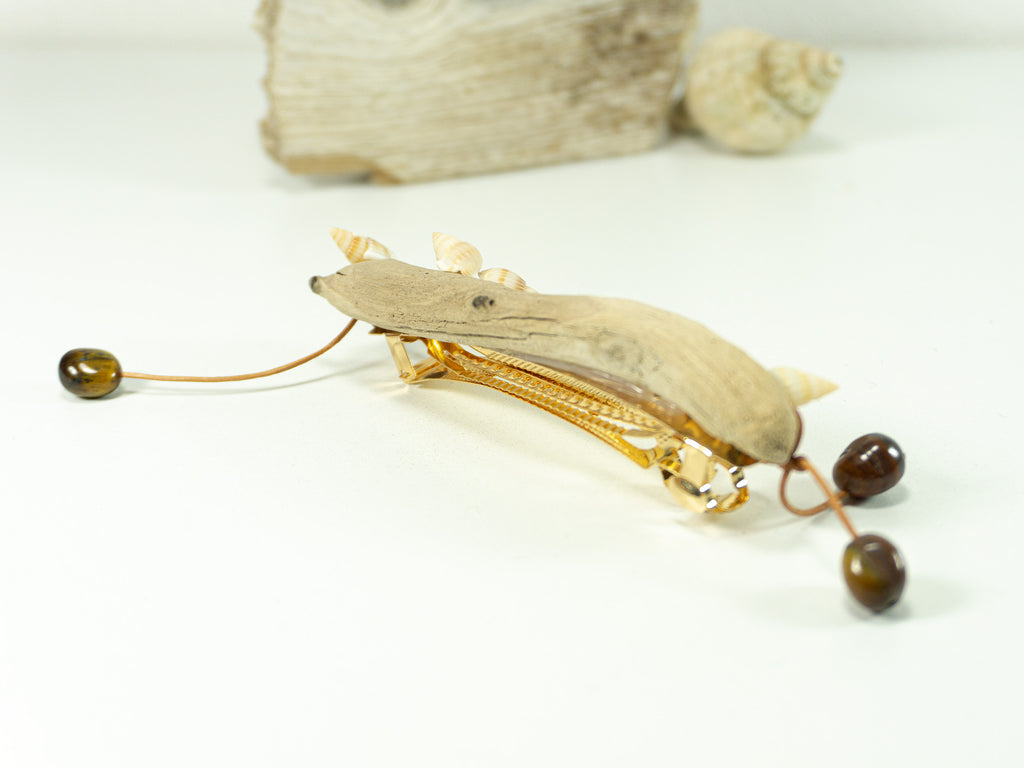 Unique handcrafted golden DRIFTWOOD HAIR BARRETTE 'Mia' seashells tigereye
