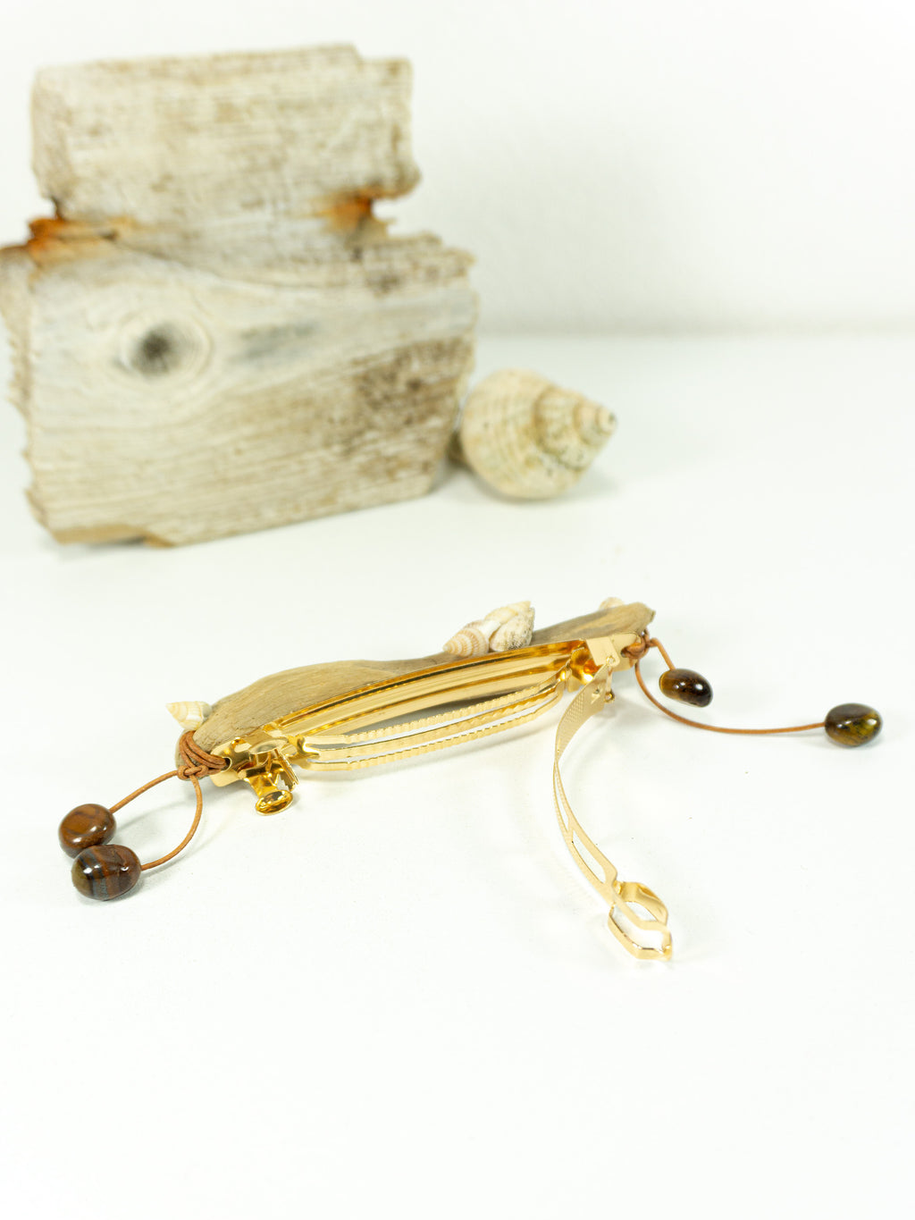 Unique handcrafted golden DRIFTWOOD HAIR BARRETTE 'Mia' seashells tigereye