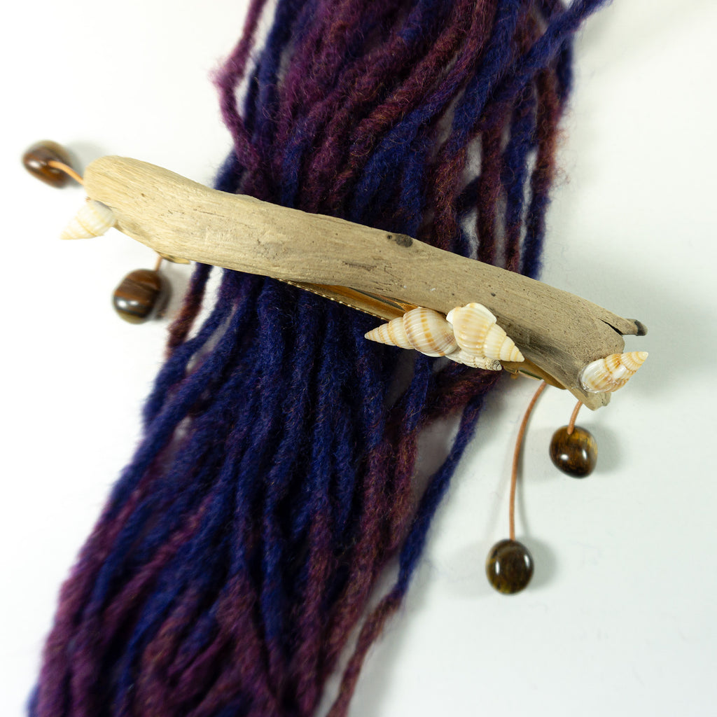 Unique handcrafted golden DRIFTWOOD HAIR BARRETTE 'Mia' seashells tigereye