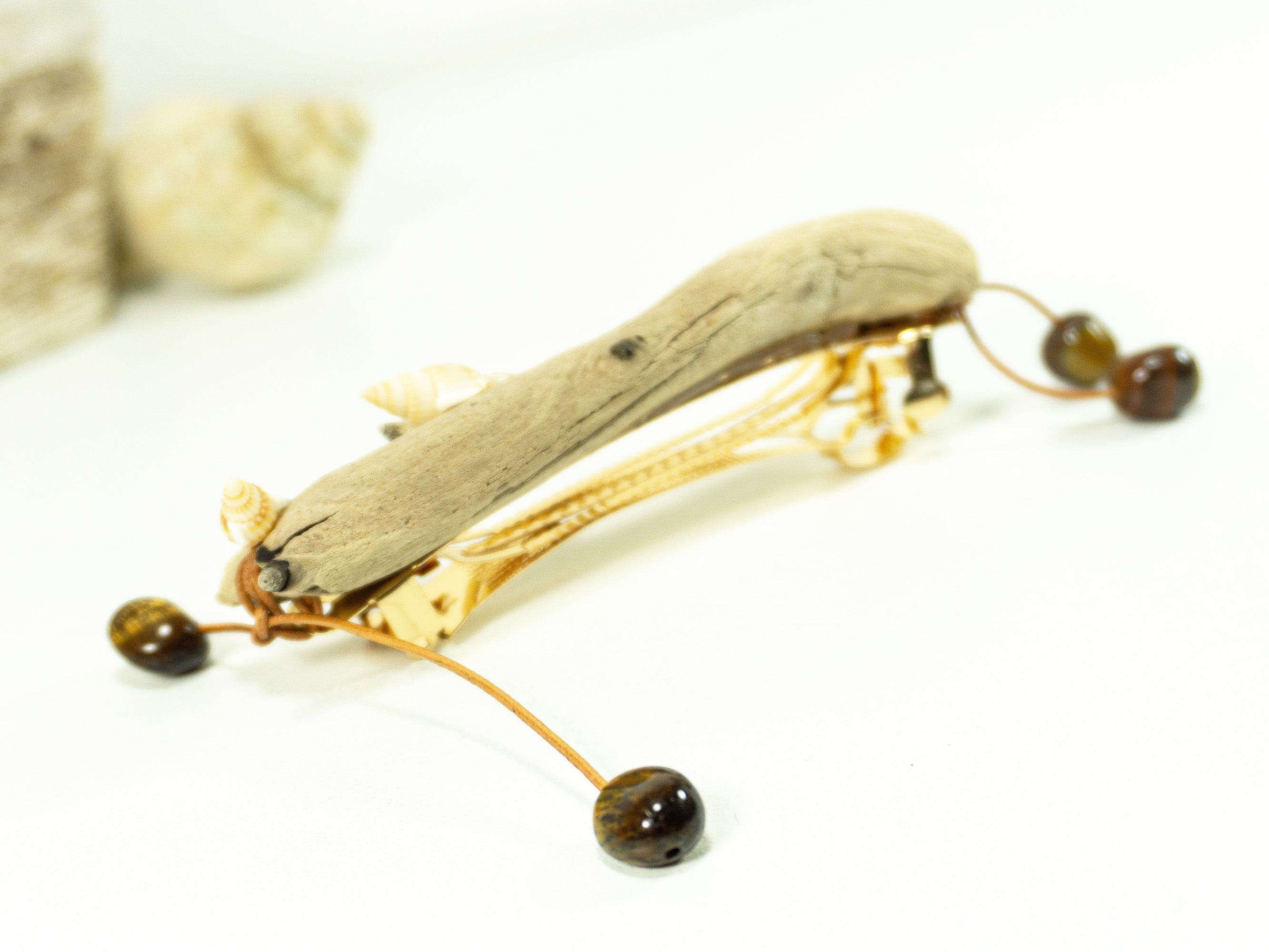 Unique handcrafted golden DRIFTWOOD HAIR BARRETTE 'Mia' seashells tigereye