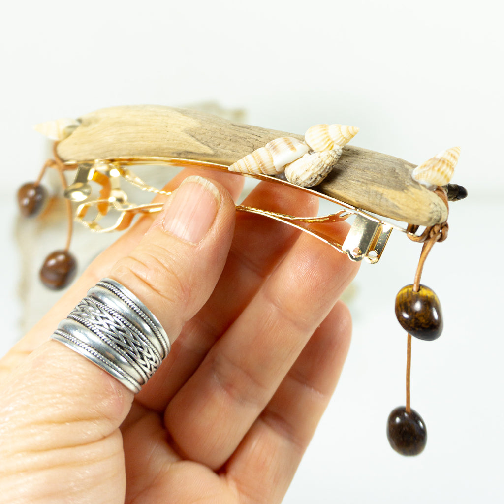 Unique handcrafted golden DRIFTWOOD HAIR BARRETTE 'Mia' seashells tigereye