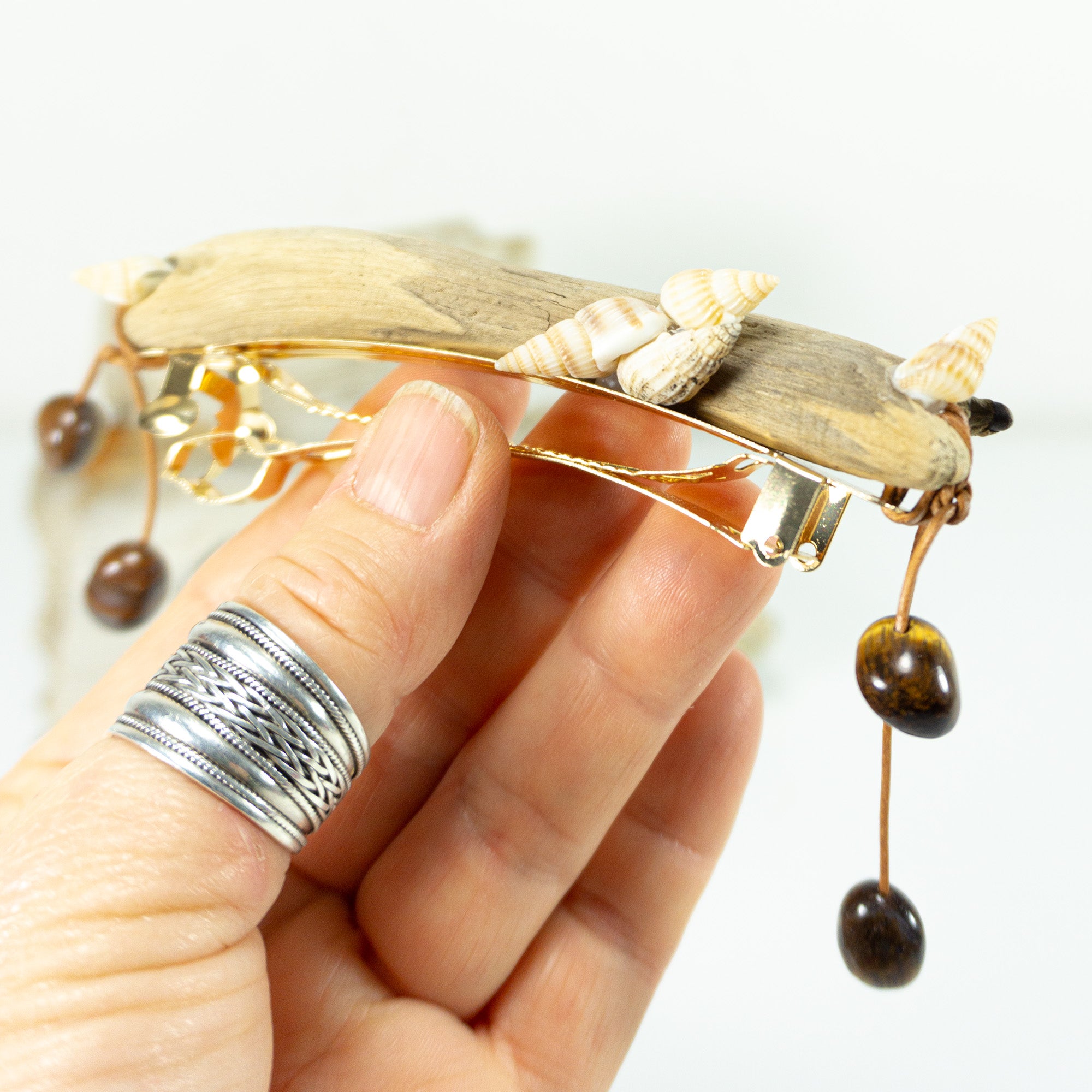 Unique handcrafted golden DRIFTWOOD HAIR BARRETTE 'Mia' seashells tigereye