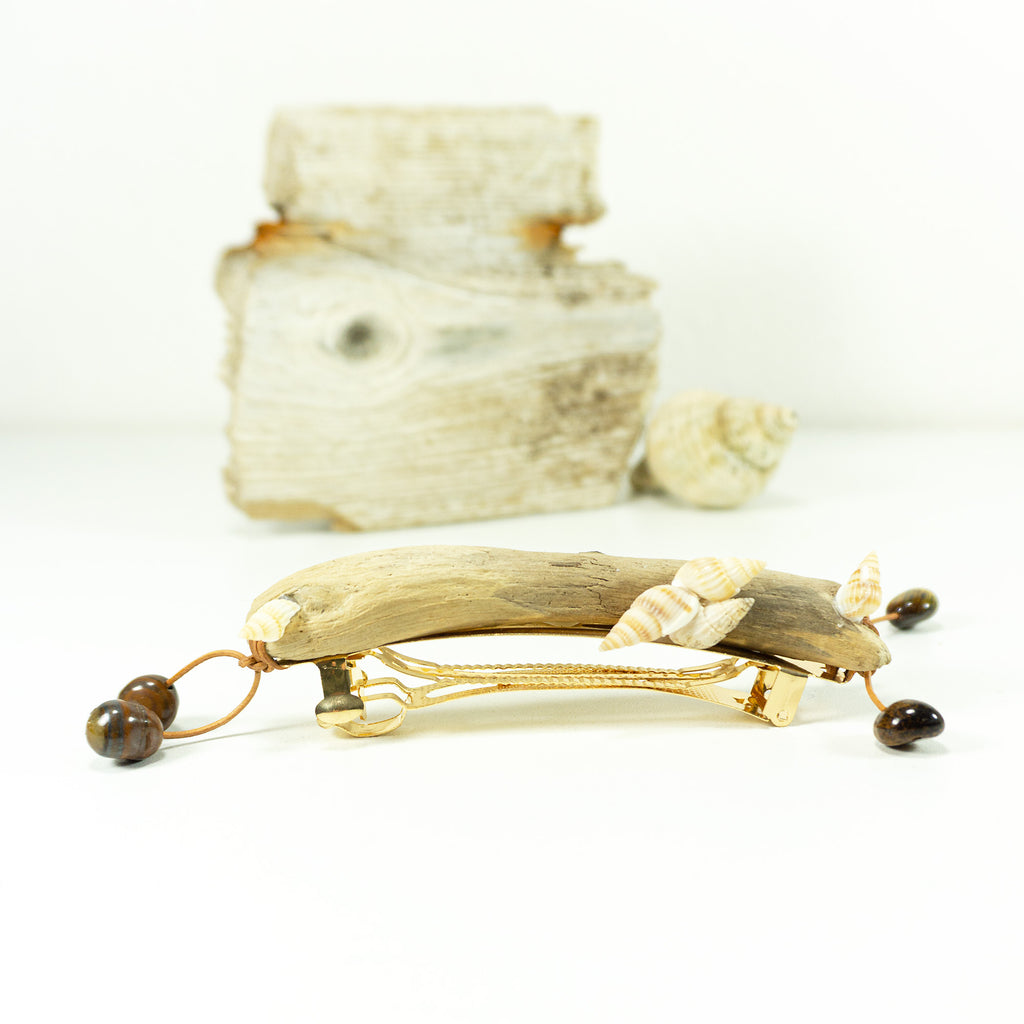 Unique handcrafted golden DRIFTWOOD HAIR BARRETTE 'Mia' seashells tigereye