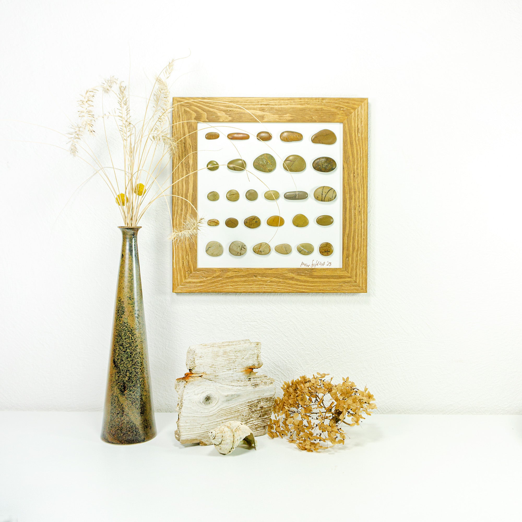 Unique BEACH PEBBLES WALL ART "Moneglia", framed handmade stones picture