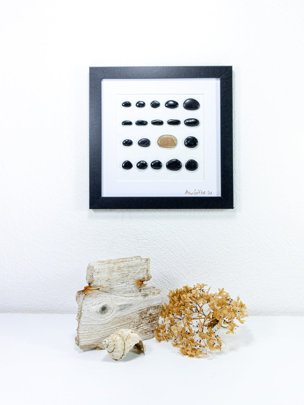 Unique BEACH PEBBLES WALL ART 'Livorgno', framed handmade black stones picture