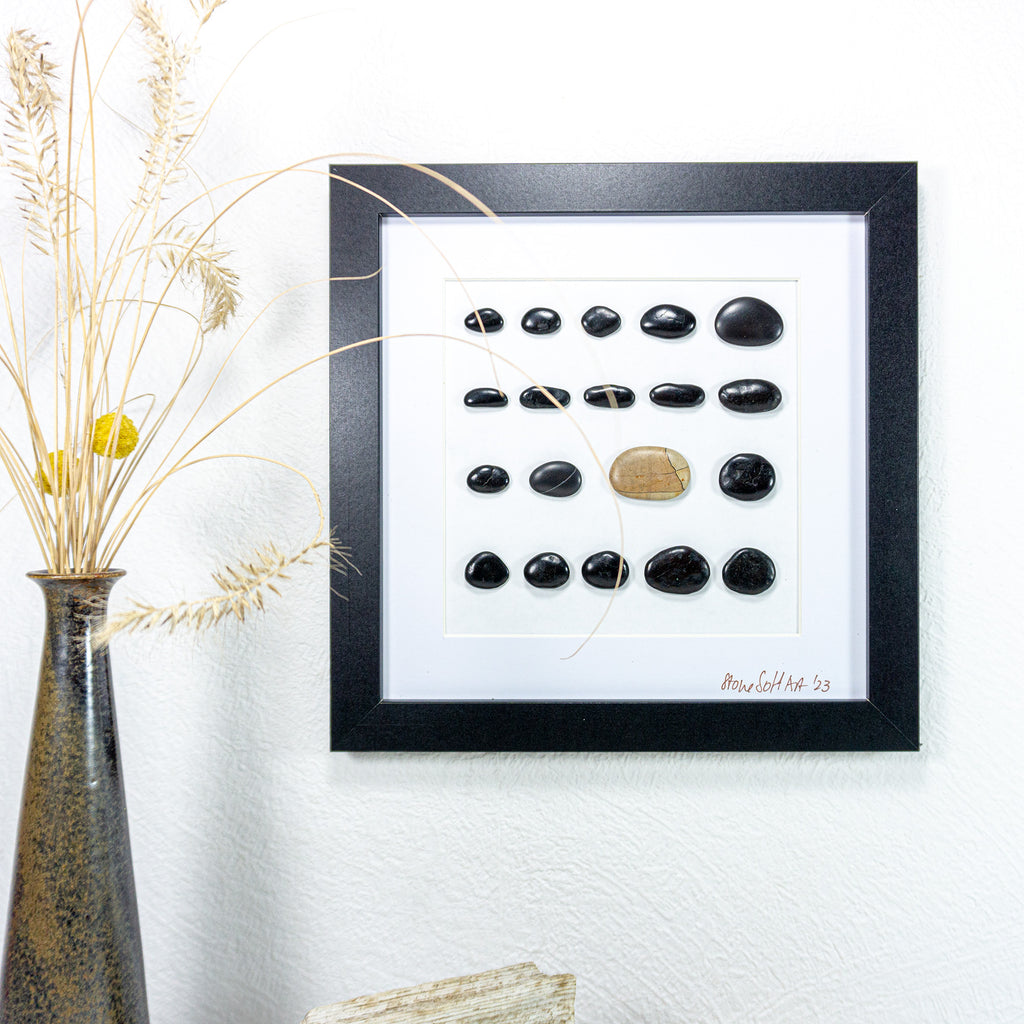 Unique BEACH PEBBLES WALL ART 'Livorgno', framed handmade black stones picture