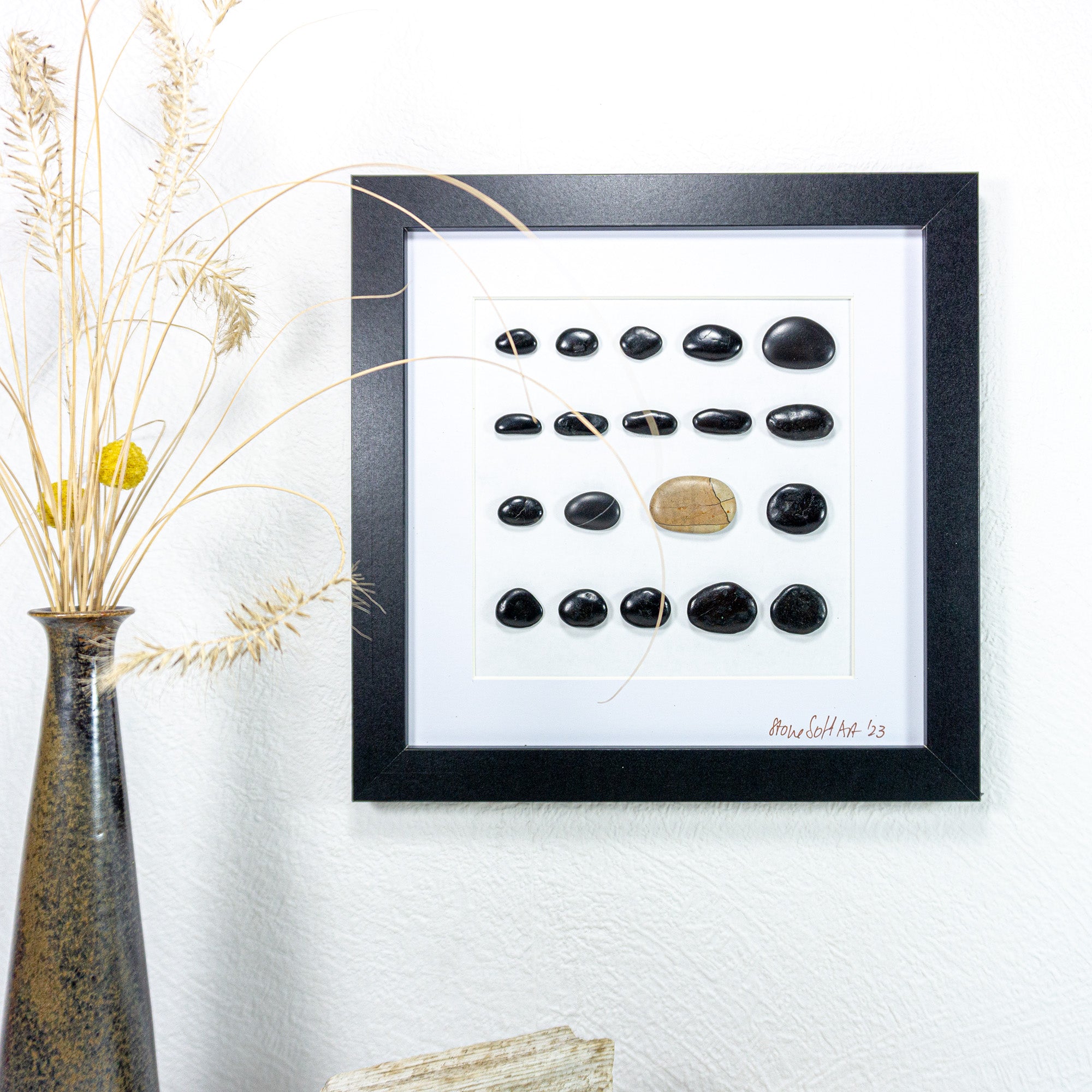 Unique BEACH PEBBLES WALL ART 'Livorgno', framed handmade black stones picture