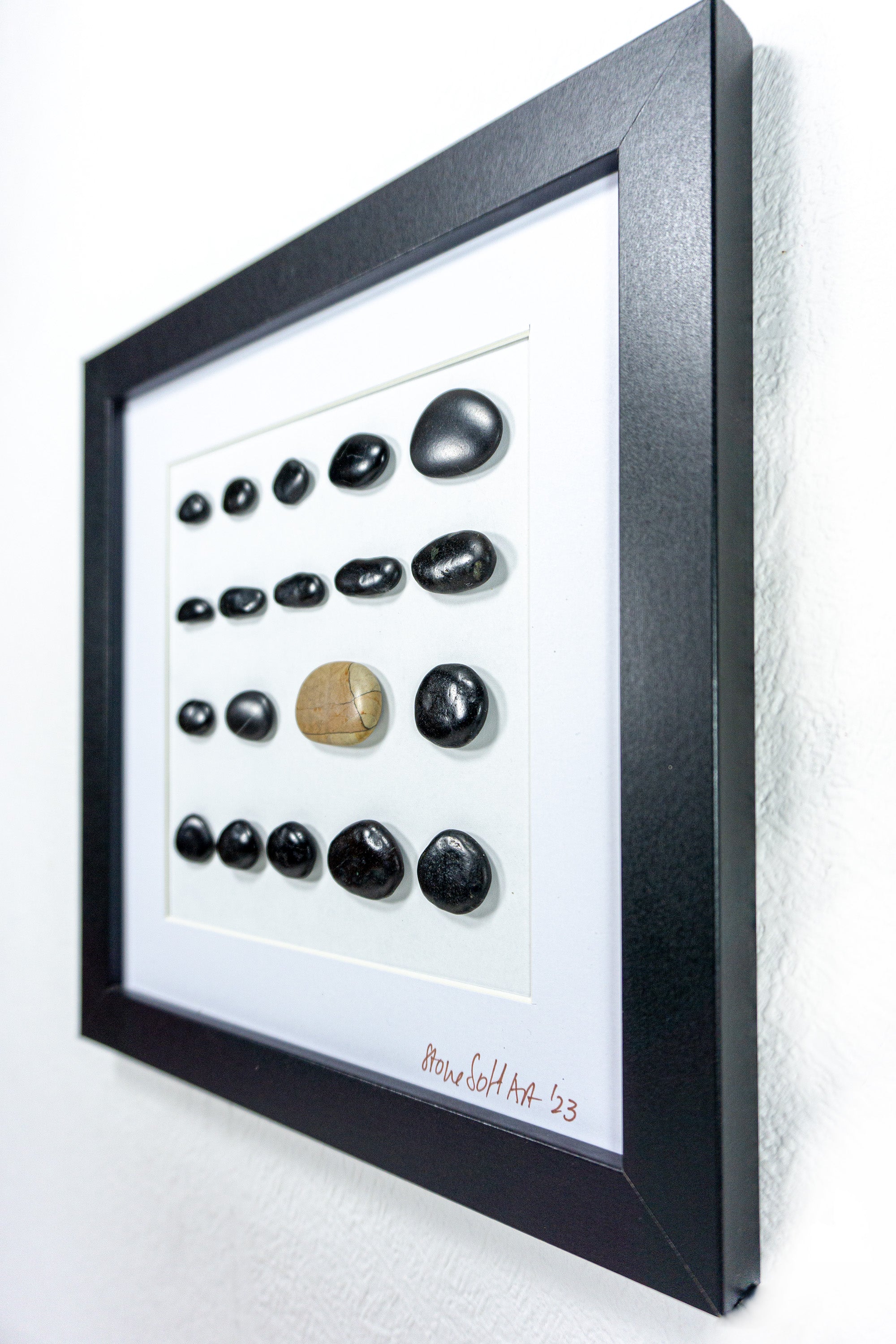 Unique BEACH PEBBLES WALL ART 'Livorgno', framed handmade black stones picture