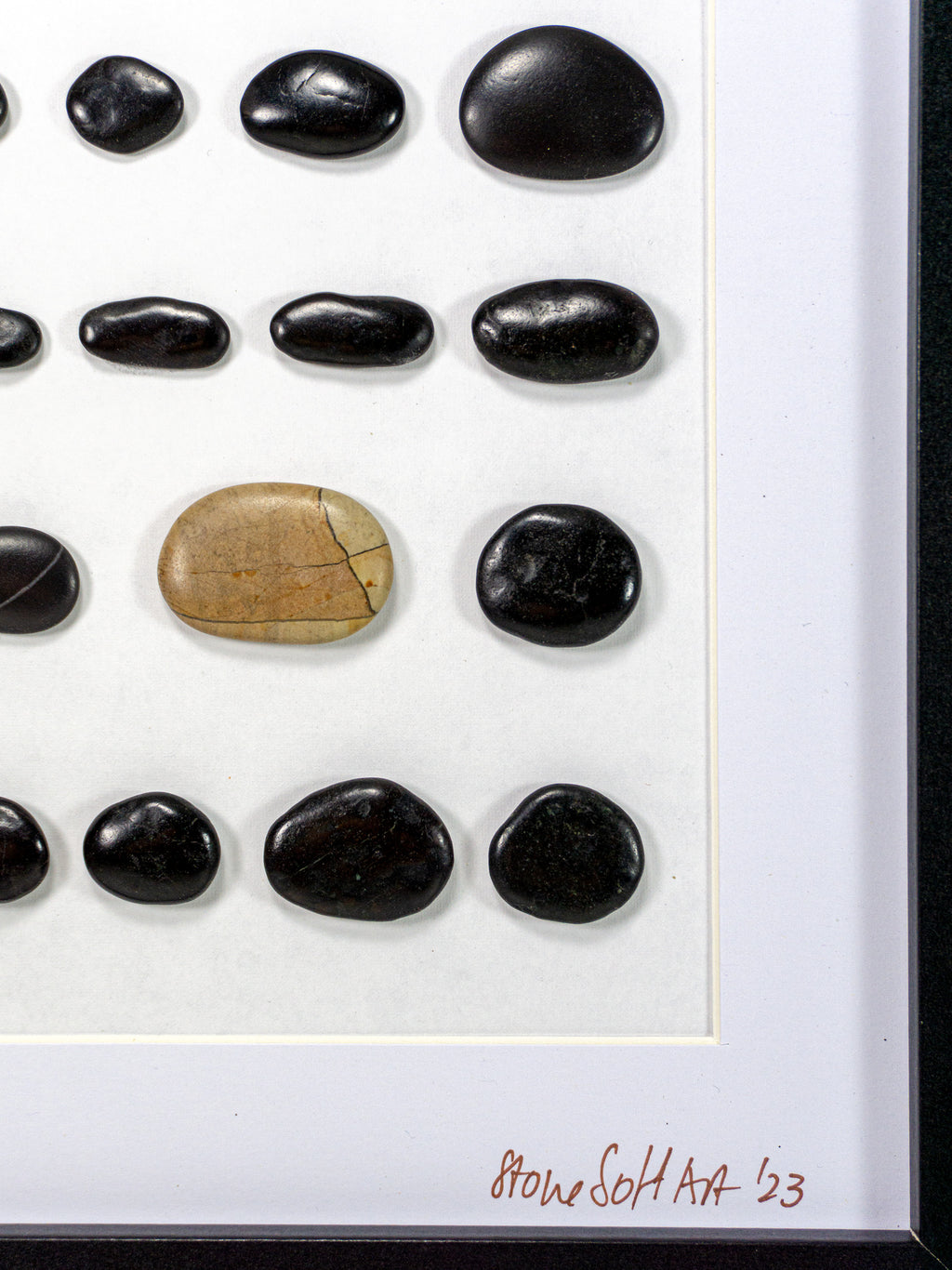 Unique BEACH PEBBLES WALL ART 'Livorgno', framed handmade black stones picture