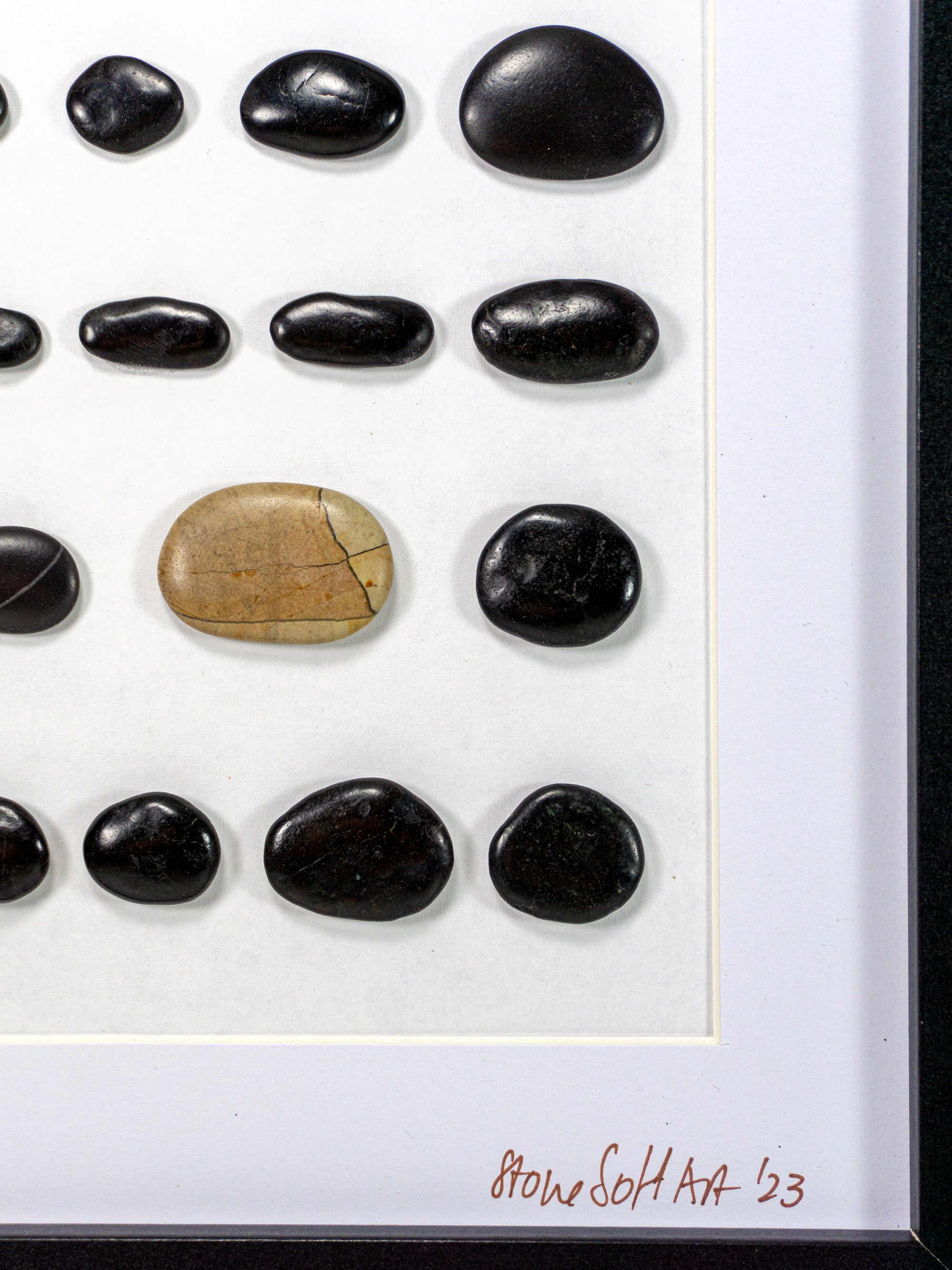 Unique BEACH PEBBLES WALL ART 'Livorgno', framed handmade black stones picture