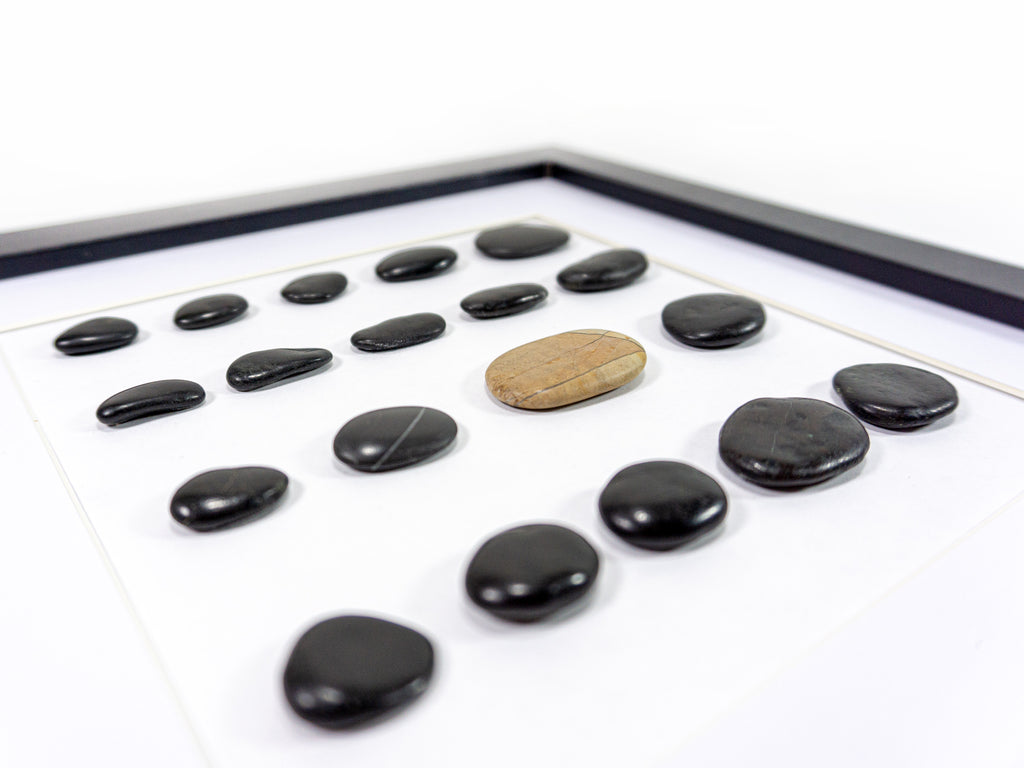 Unique BEACH PEBBLES WALL ART 'Livorgno', framed handmade black stones picture