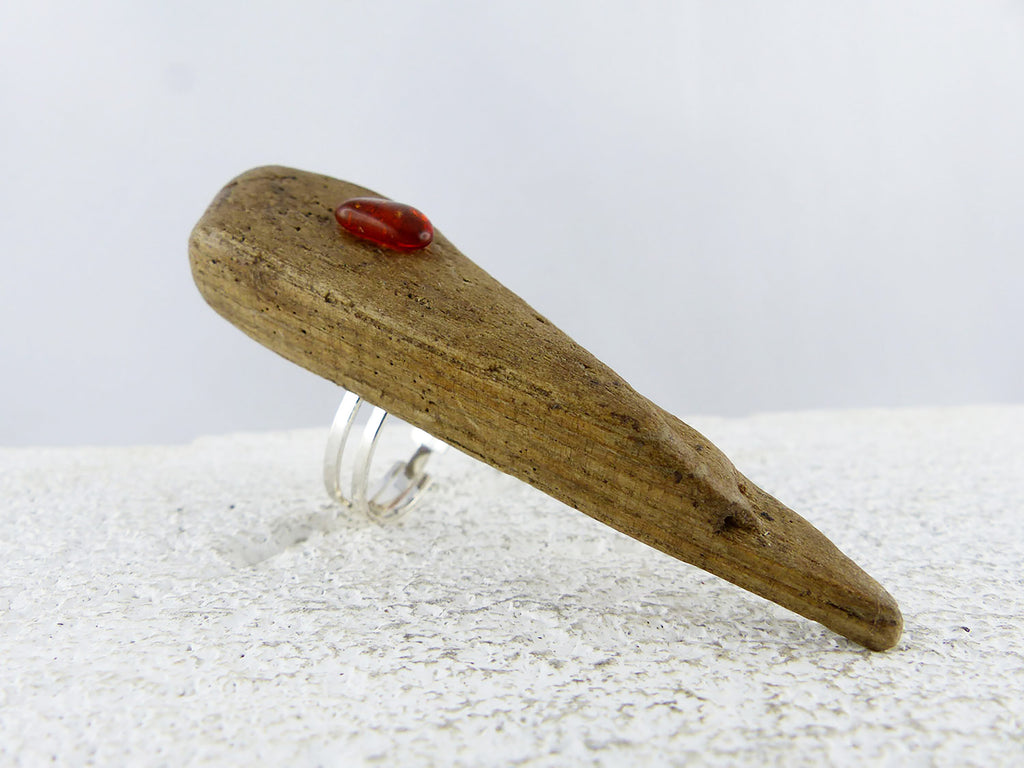 Size adjustable unique Driftwood Amber Ring THOR 925 Silver