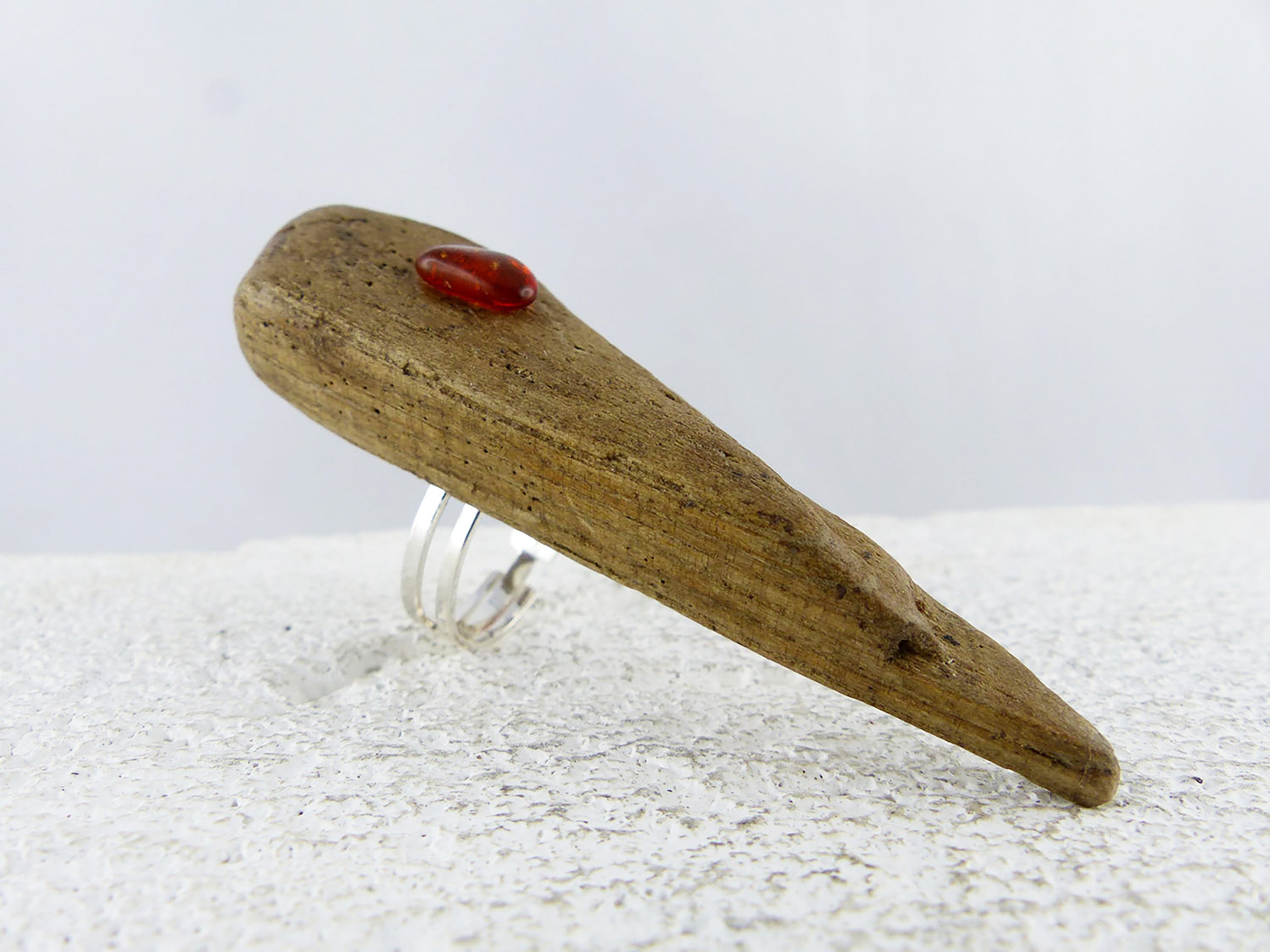 Size adjustable unique Driftwood Amber Ring THOR 925 Silver