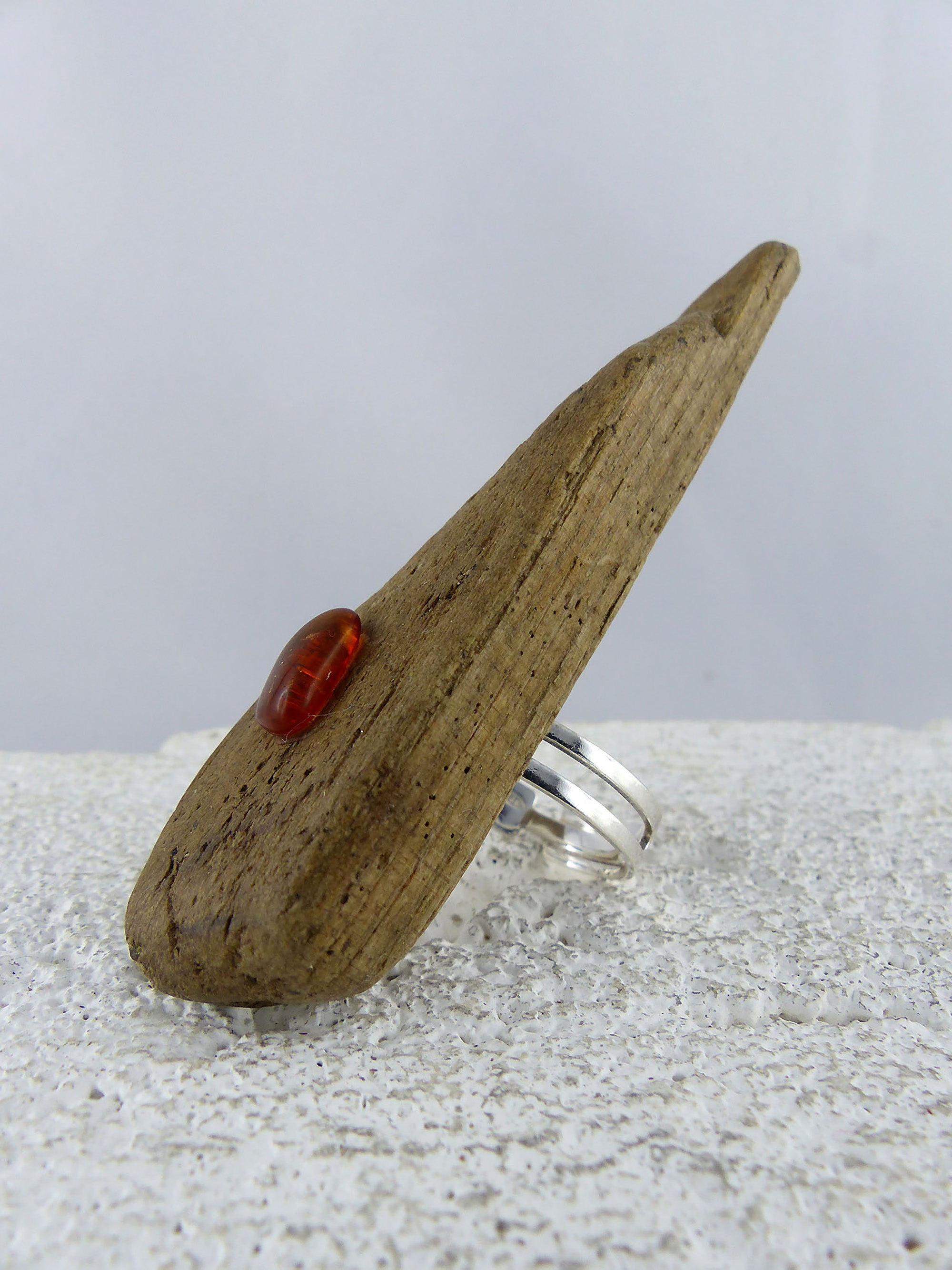 Size adjustable unique Driftwood Amber Ring THOR 925 Silver