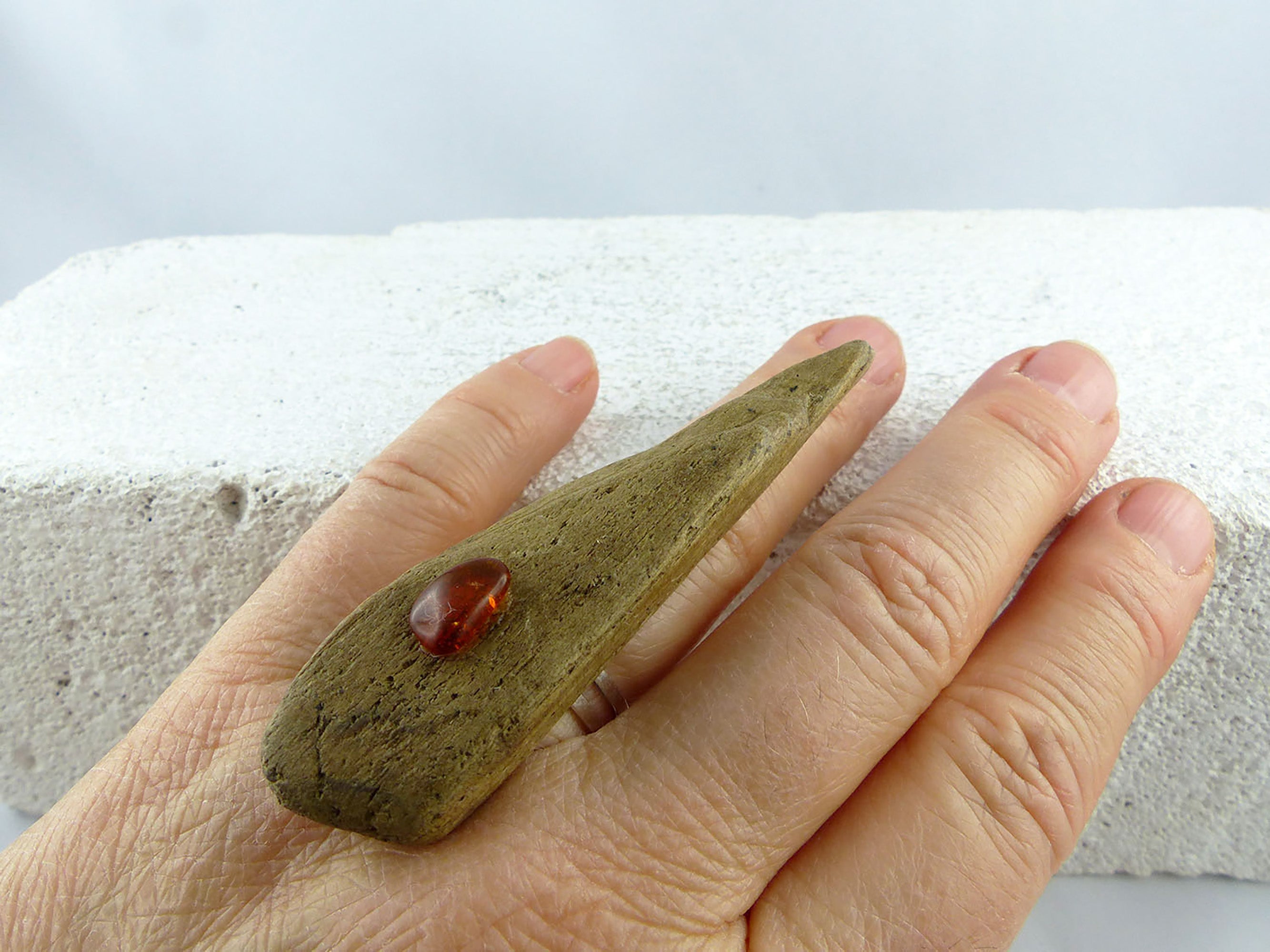 Size adjustable unique Driftwood Amber Ring THOR 925 Silver
