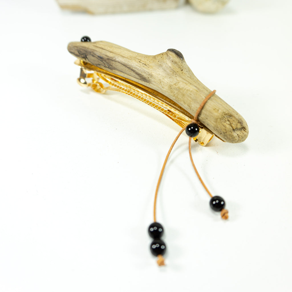 Unique handmade golden DRIFTWOOD HAIR BARRETTE 'Mary' leather Onyx
