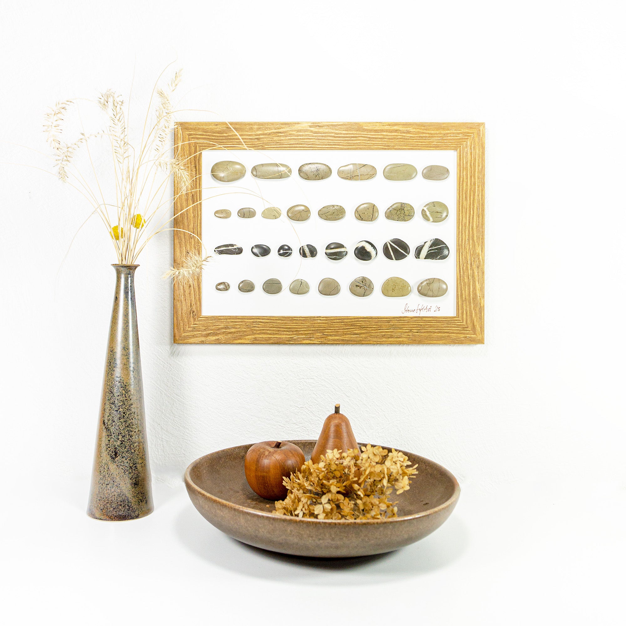 One-of-a-kind BEACH PEBBLES WALL ART 'Genua', framed handmade stones picture