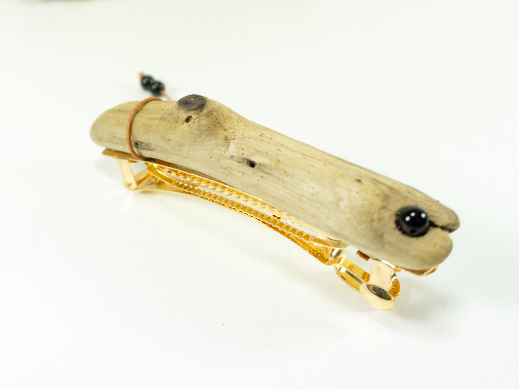 Unique handmade golden DRIFTWOOD HAIR BARRETTE 'Mary' leather Onyx