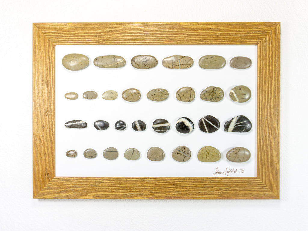One-of-a-kind BEACH PEBBLES WALL ART 'Genua', framed handmade stones picture