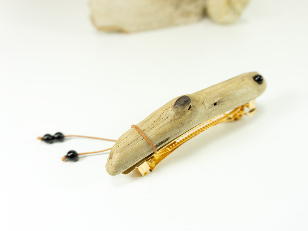 Unique handmade golden DRIFTWOOD HAIR BARRETTE 'Mary' leather Onyx