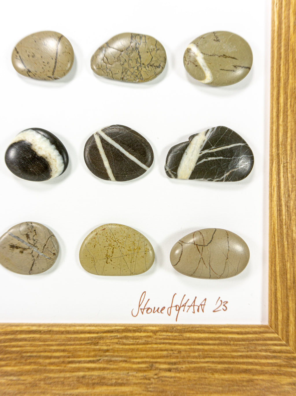 One-of-a-kind BEACH PEBBLES WALL ART 'Genua', framed handmade stones picture