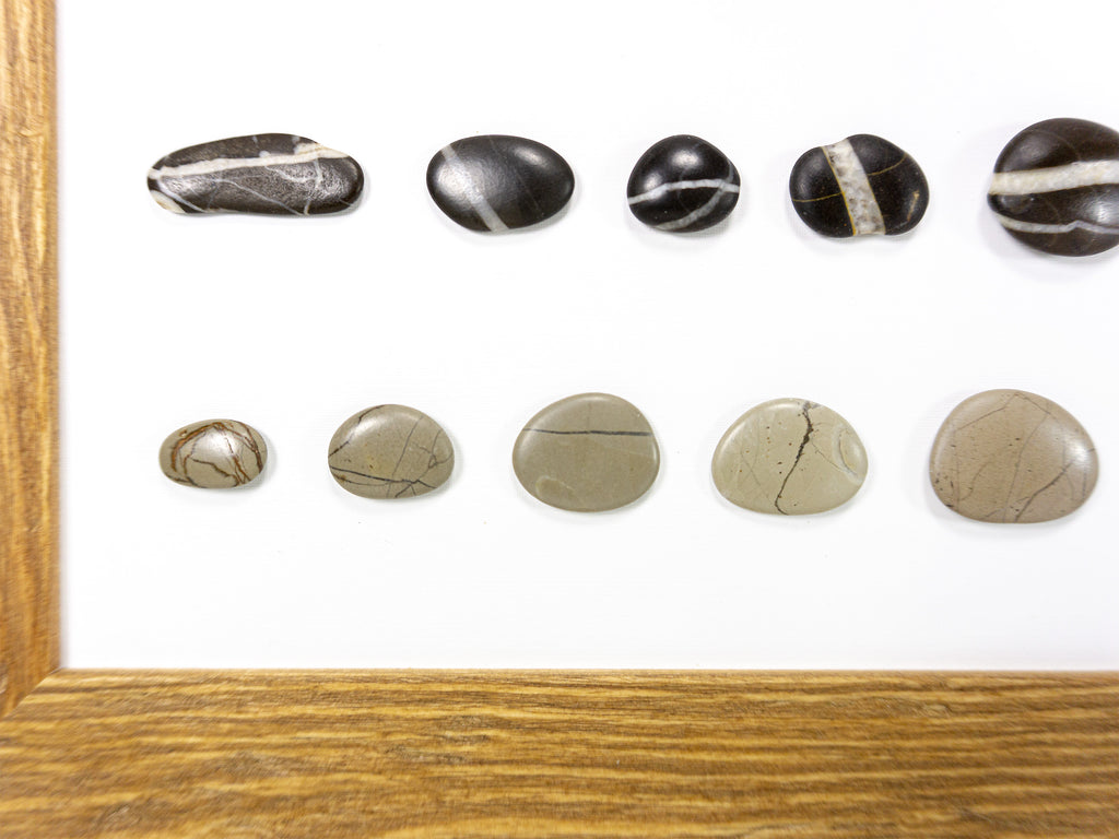 One-of-a-kind BEACH PEBBLES WALL ART 'Genua', framed handmade stones picture