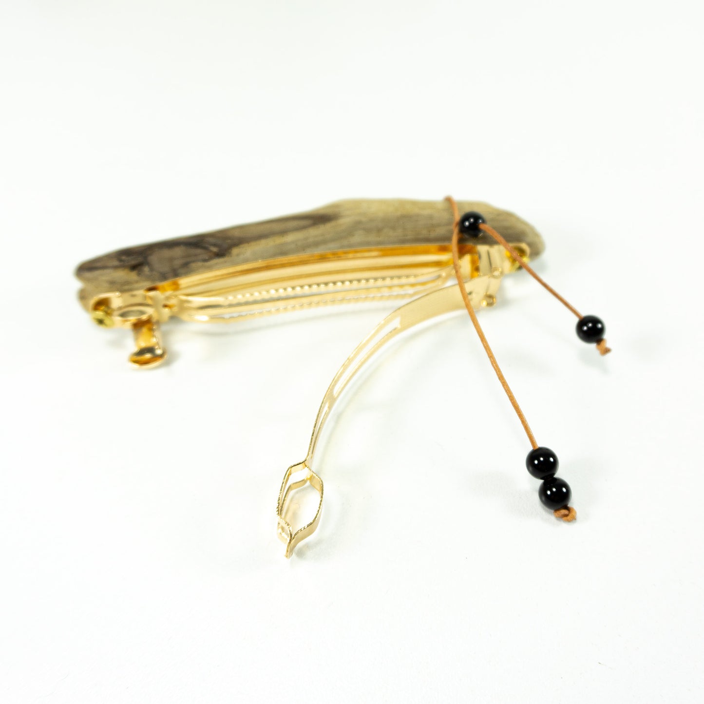 Unique handmade golden DRIFTWOOD HAIR BARRETTE 'Mary' leather Onyx